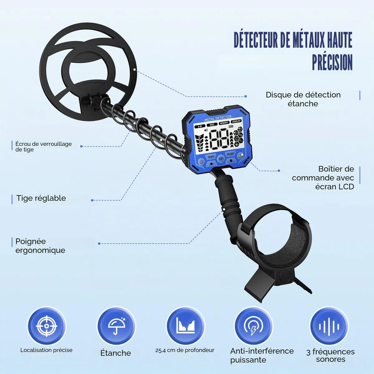 Détecteur de métaux Professionnel pour Adultes et Enfants, Puce Anti-interférence, étanche IP68, Prend en Charge la Batterie et l'alimentation USB, 5 Modes de détection (Bleu)