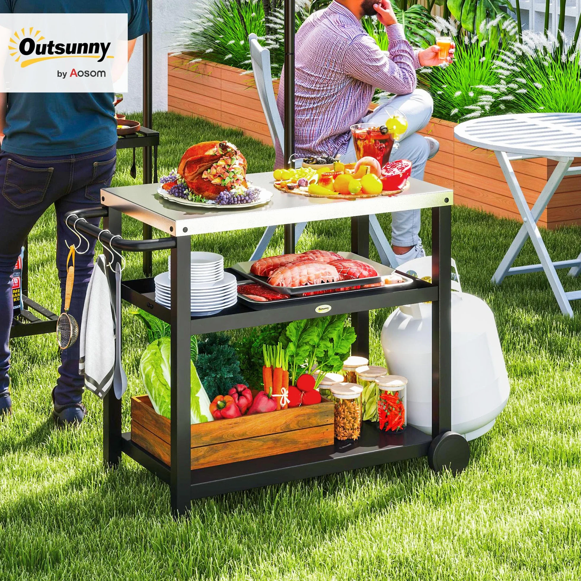 Outsunny Desserte plancha extérieure avec plan de travail en acier inoxydable, chariot de barbecue avec étagères, desserte de jardin avec crochets, porte-serviettes, 2 roues, 102x50x81cm, gris charbon