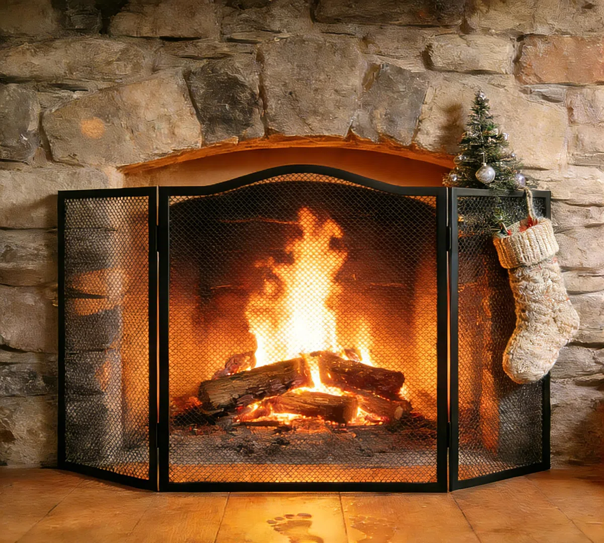 Pare-étincelles à 3 panneaux pour cheminée - Écran plat en fer - 102 cm de long x 54 cm de haut - Panneau en maille robuste pour cheminée ouverte, revêtement en poudre noire