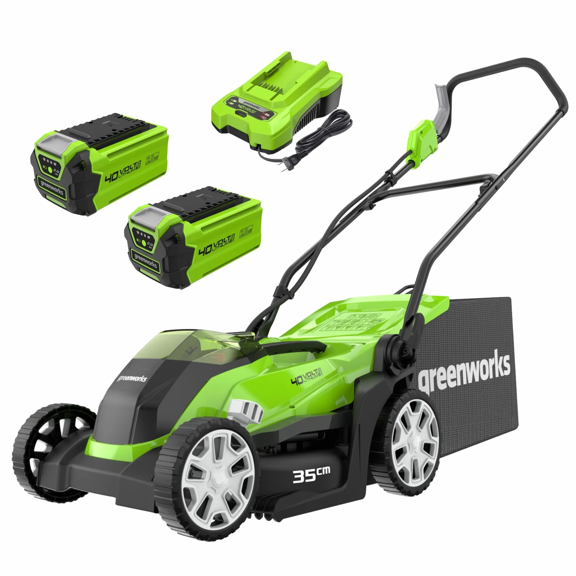 Greenworks 40V Tondeuse à Gazon Sans Fil pour Pelouses Jusqu'à 400m², Largeur de Coupe de 35 cm, Sac de 40L, INCLUS Deux Batteries 40V 2Ah et Un Chargeur, Garantie 3 Ans-G40LM35K2X