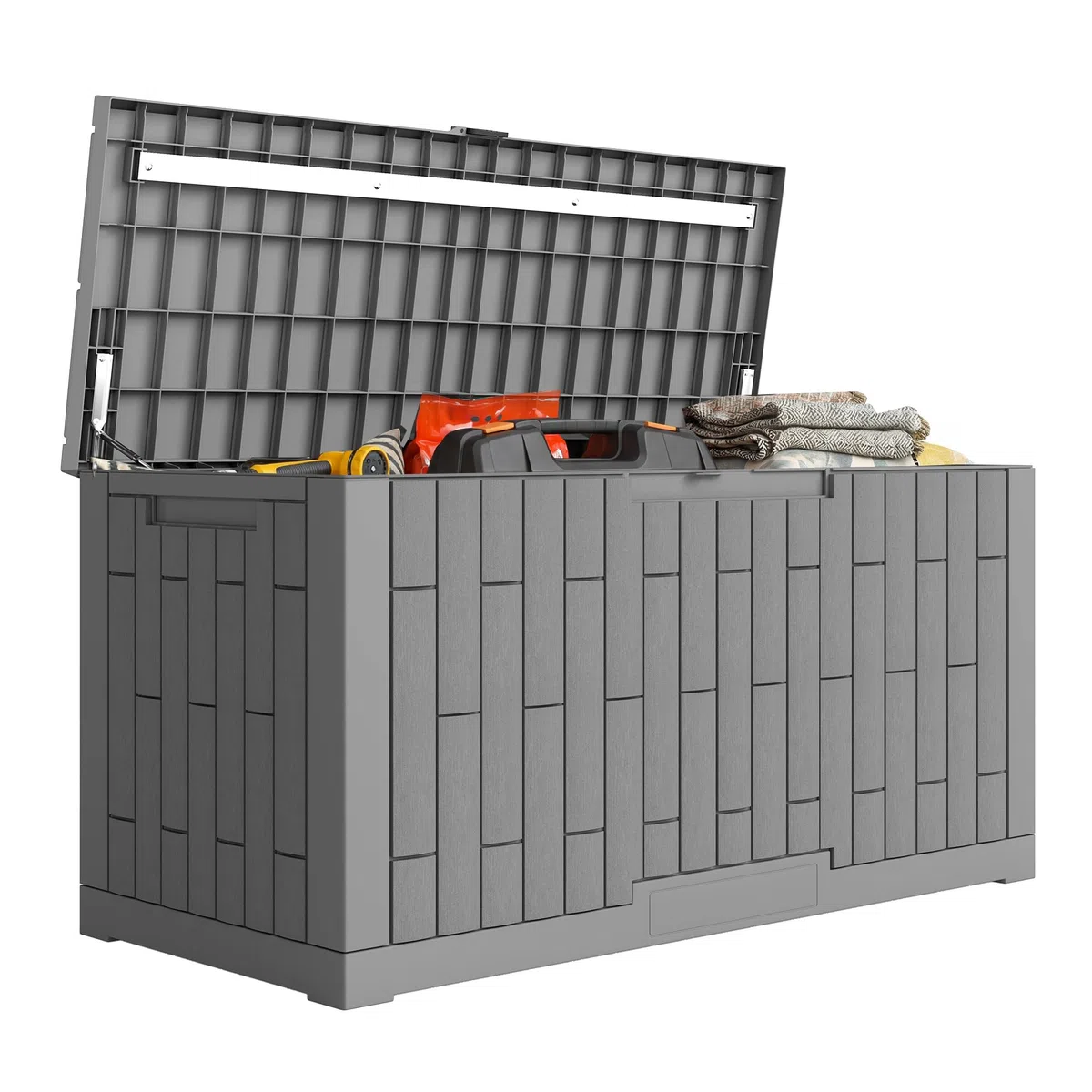 Outsunny Coffre de Rangement Extérieur 379 L Verrouillable avec Vérin à Gaz, Boîte de Jardin en Aspect Bois Résistant aux UV, pour Outils Accessoires, 122,5x56x62cm, Gris