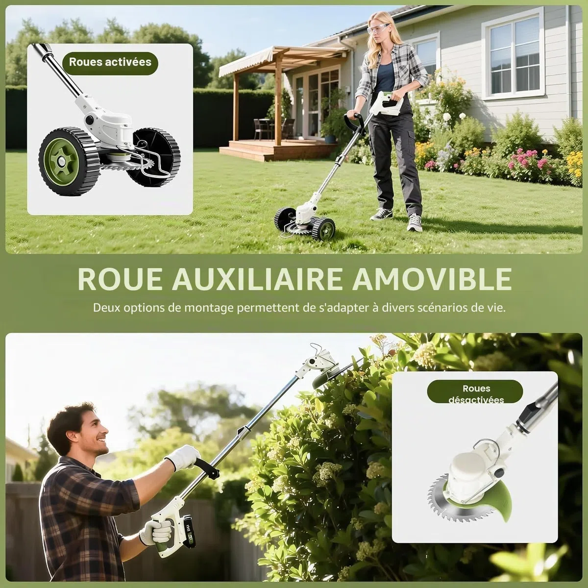 Debroussailleuse Electrique sans Fil - Debroussailleuse Batterie avec 2 Batterie 21V et 4 Types de Lames - Coupe Bordure avec Poignée Réglable - Débroussailleuse à Gazon pour Jardin (Beige)