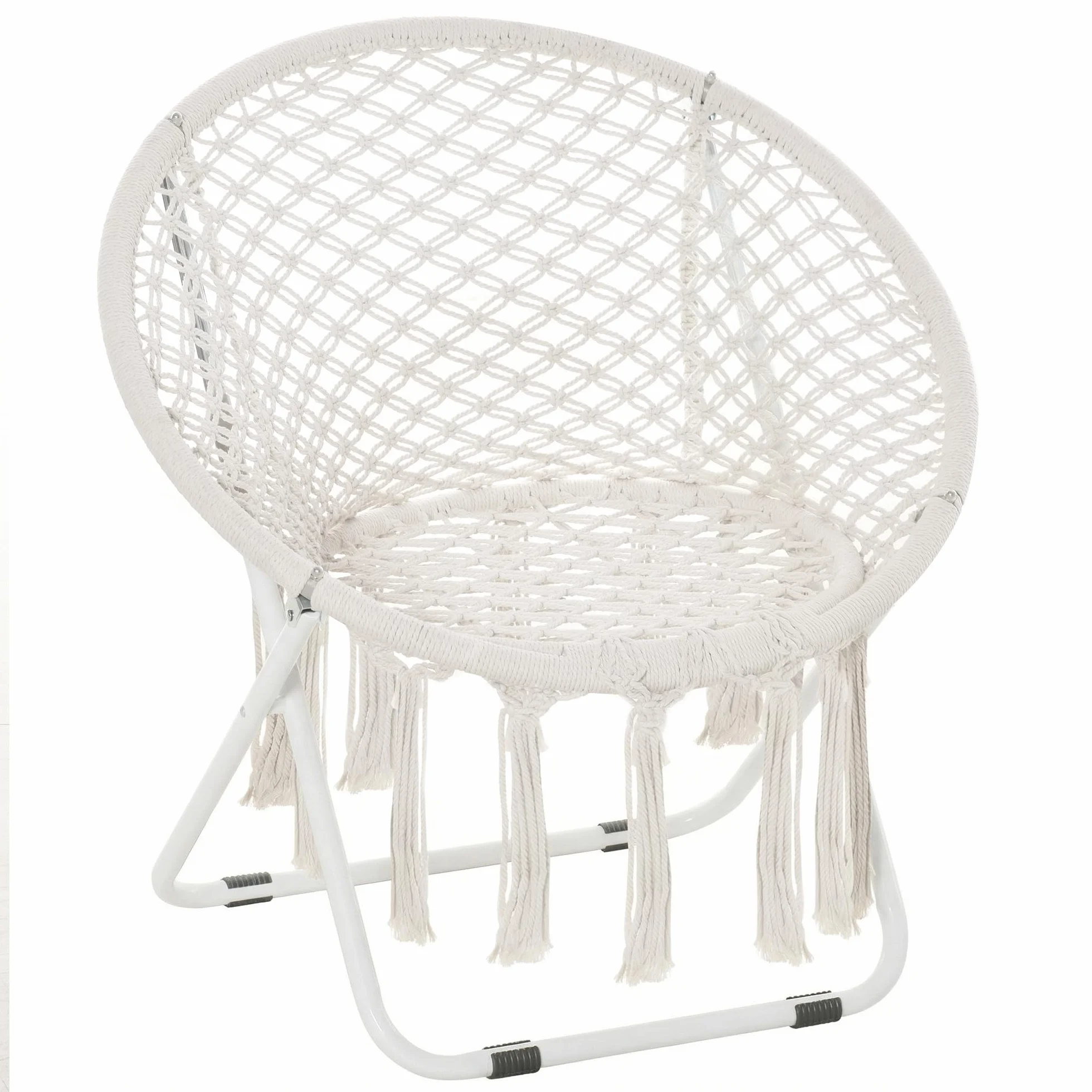 Outsunny Loveuse Fauteuil Rond de Jardin Fauteuil Lune papasan Pliable Grand Confort macramé Coton Polyester Beige