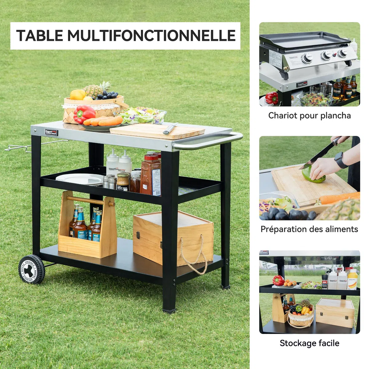 Royal Gourmet 3 Étagères Desserte pour Plancha, Chariot pour Barbecue avec Plan de Travail en Acier Inoxydable et Support de Sac à Ordures Détachable, Dessus de Table 85 x 50 cm