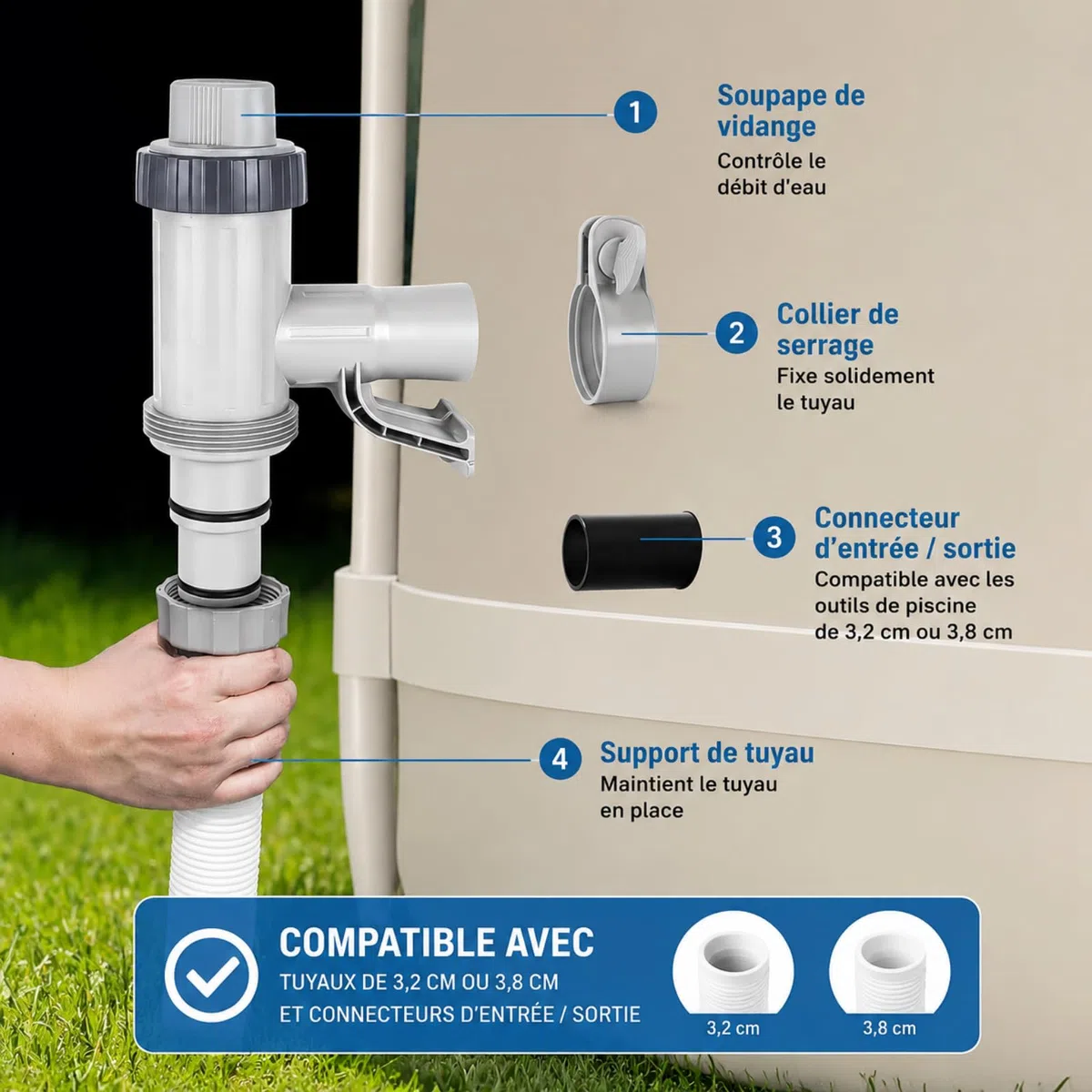 Lot De 2 Vannes D'arrêt pour Piscine avec Raccords De Tuyau 32 Mm / 38 Mm, Adaptateur De Tuyau Et Support De Tuyau, Pièces De Rechange pour Piscine Hors Sol