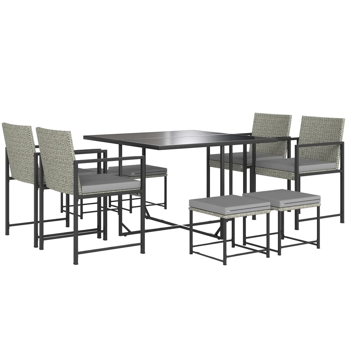 Outsunny Salon de Jardin extérieur en résine tressée 8 Places, Table et chaises de Jardin extérieur, 4 fauteuils, 4 tabourets, Coussins, Plateau en Verre trempé, pour terrasse, Balcon, Patio, Gris