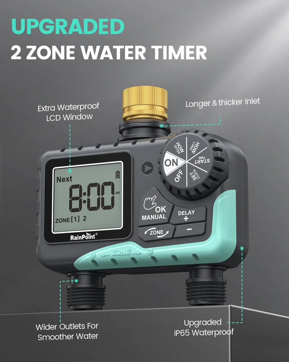 RAINPOINT Minuteur d'arrosage à 2 sorties, minuterie d'eau pour tuyau d'arrosage, pour arrosage extérieur, retard de pluie/contrôleur de système manuel/automatique entrée en laiton, V2