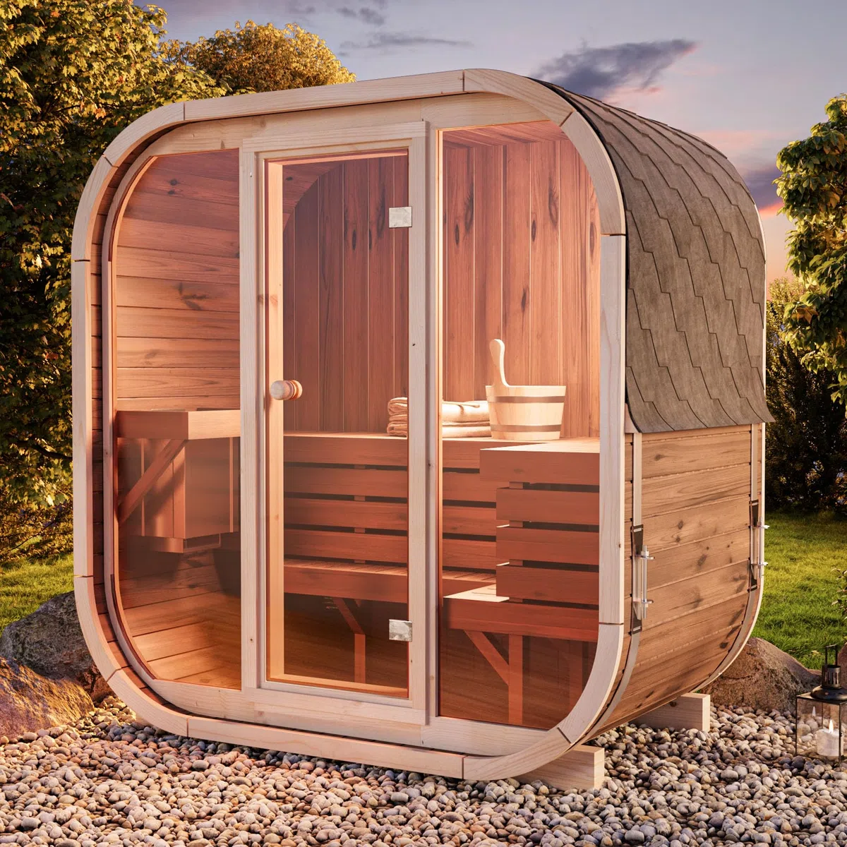 Fasssauna Ellipso M, Moderne Sauna d’Extérieur Incl. Couverture de Toit, Compacte Sauna de Jardin avec Façade en Verre, Sauna d’Extérieur : 196 x 119 x 203 cm (l x p x h), 3 Personnes