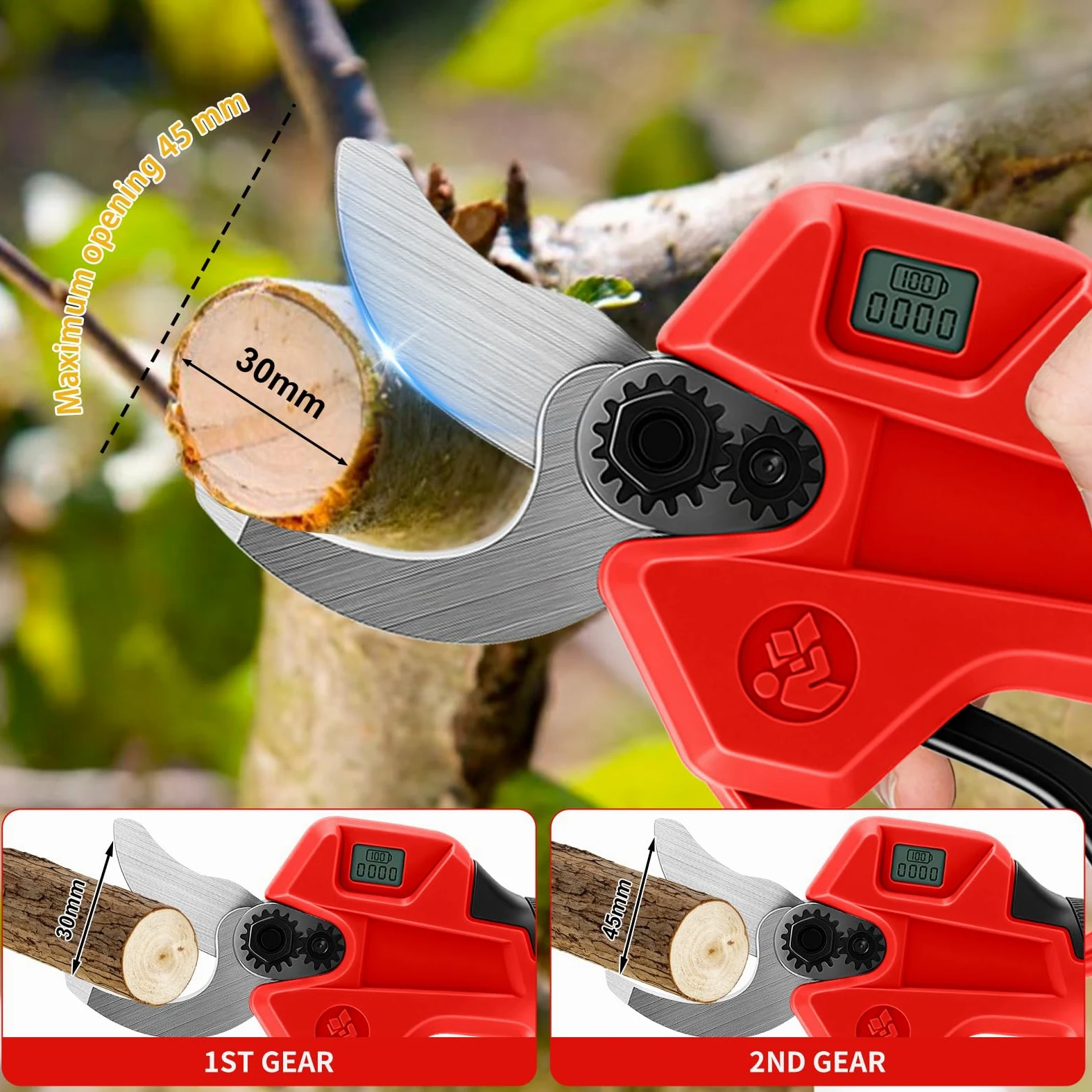 Élagueur à piles, compatible avec Milwaukee M 18V batterie (sans batterie), cisailles sans balais à 2 vitesses, affichage numérique, diamètre de coupe 30 mm, lames de rechange et boîte en plastique