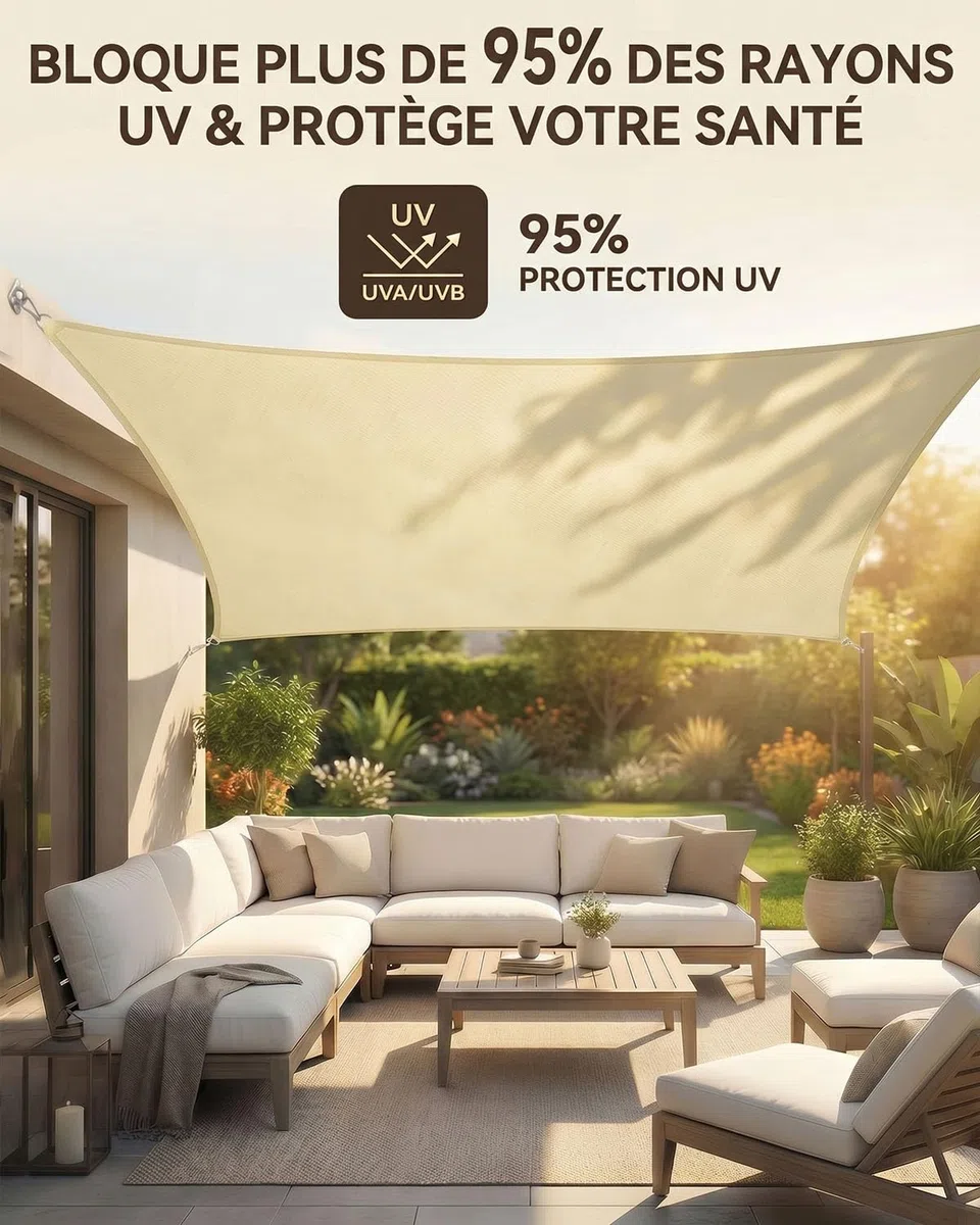 MOXTOYU Voile d'ombrage Imperméable Rectangulaire, Polyester PES avec 95% Protection UV, Résistant aux Intempéries et Durable, Toile Ombrage Exterieur pour Jardin, Extérieur - Crème - 3 x 4m