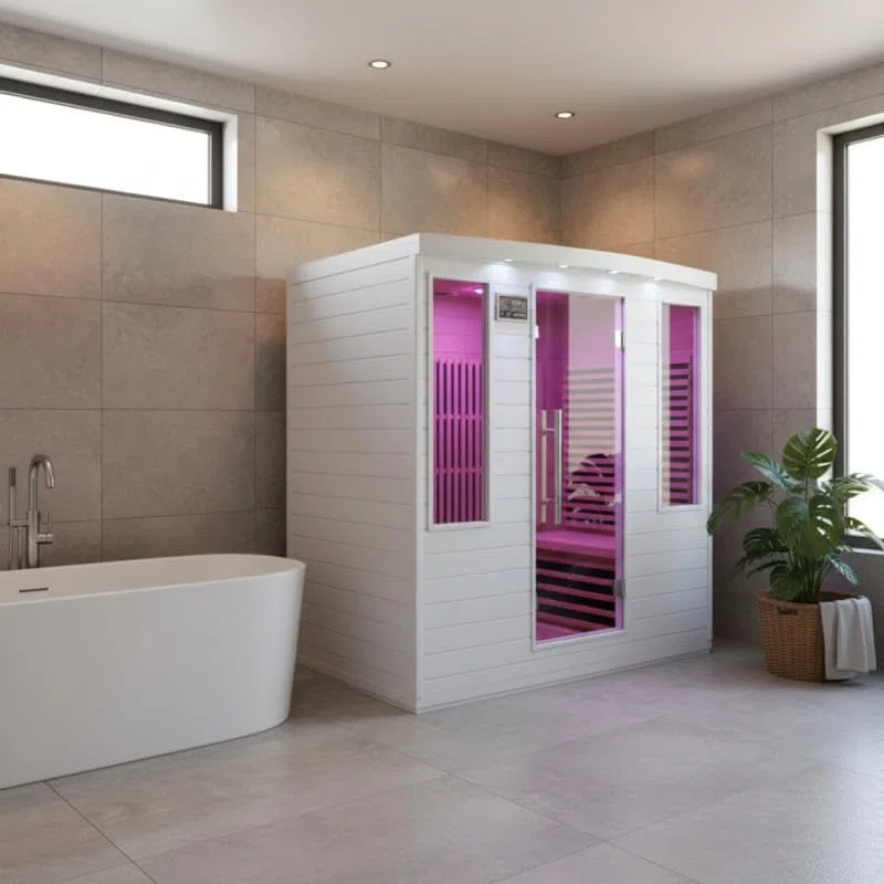 SNÖ Sauna Infrarouge Extérieur 4 Places 3100W Panneaux Carbone Chromothérapie Bluetooth Bois Hemlock Blanc Porte Verre Sécurisé Ionisateur Air 186x185x20cm