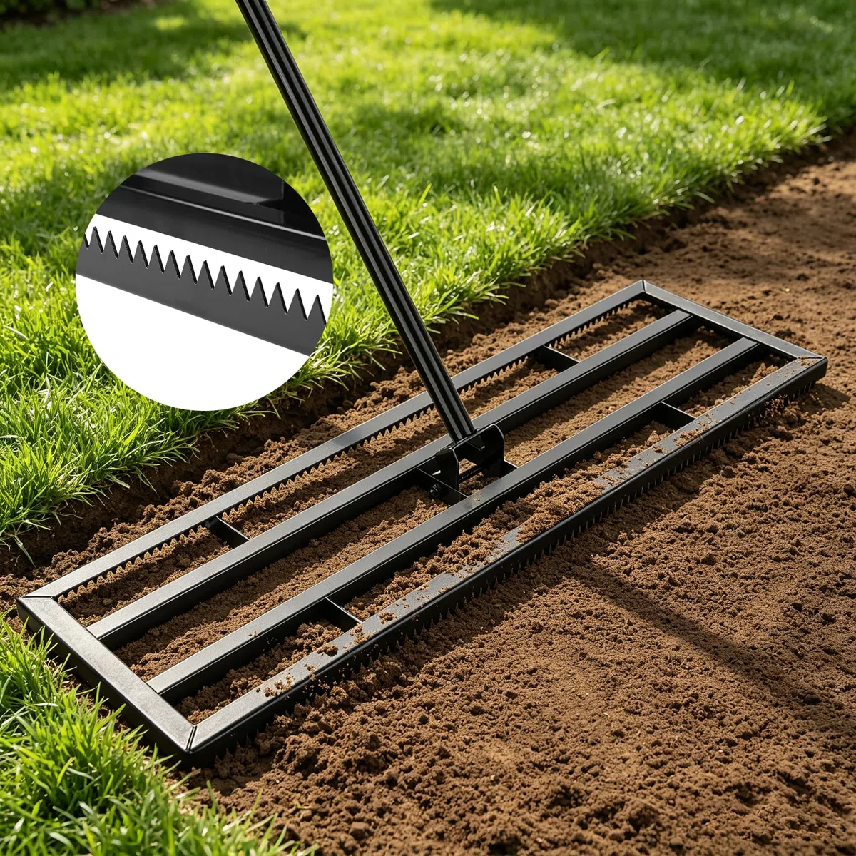 Râteau Nivellement Gazon 81x25cm Rateau de Nivellement de Pelouse avec 199cm Poignée Réglable et Surface Dentelée Raclette de Gazon Niveleur pour Jardin, Golf, Aménagement Extérieur