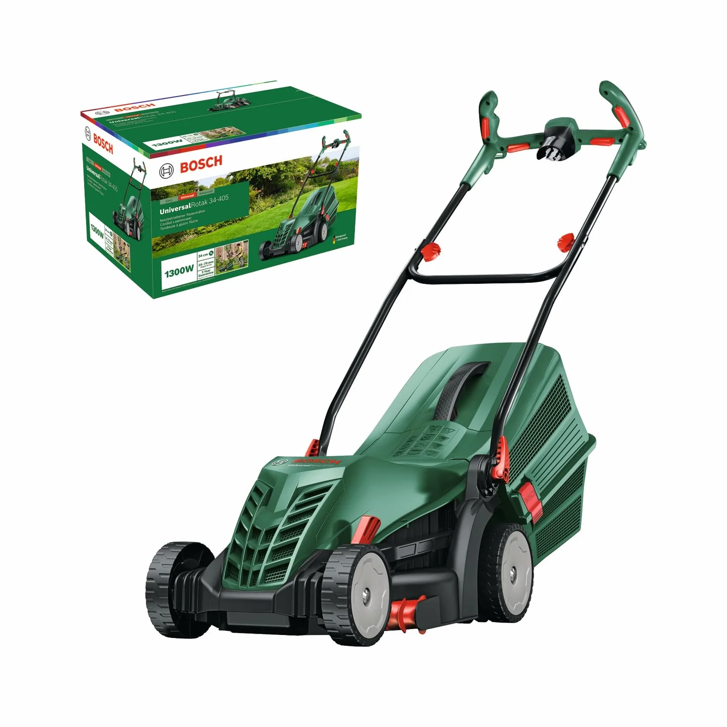 Bosch Tondeuse à Gazon Filaire UniversalRotak 34-405 (Moteur de 1 300 W, Largeur de Coupe : 34 cm, bac de ramassage 40 litres, pour la Tonte Uniforme de pelouses en Laissant des Bordures Propres)