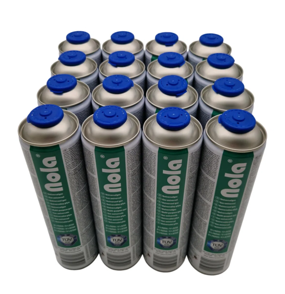 NOLA Lot de 4 cartouches de gaz universelles de 600 ml (338 g) – 70 % butane / 30 % propane – Valve à vis EN417 – Gaz de camping pour désherbeur, chalumeau, réchaud à gaz, barbecue à gaz et