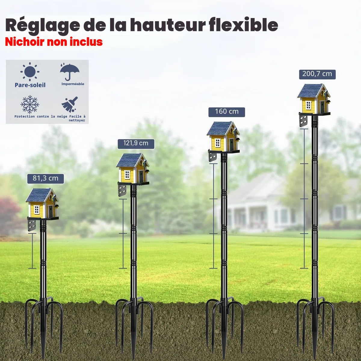 Gtongoko Poteau pour mangeoire à Oiseaux Intelligente, nichoir d’extérieur, Station météo, Poteau de Fixation en métal réglable et Robuste, Noir, 200 cm