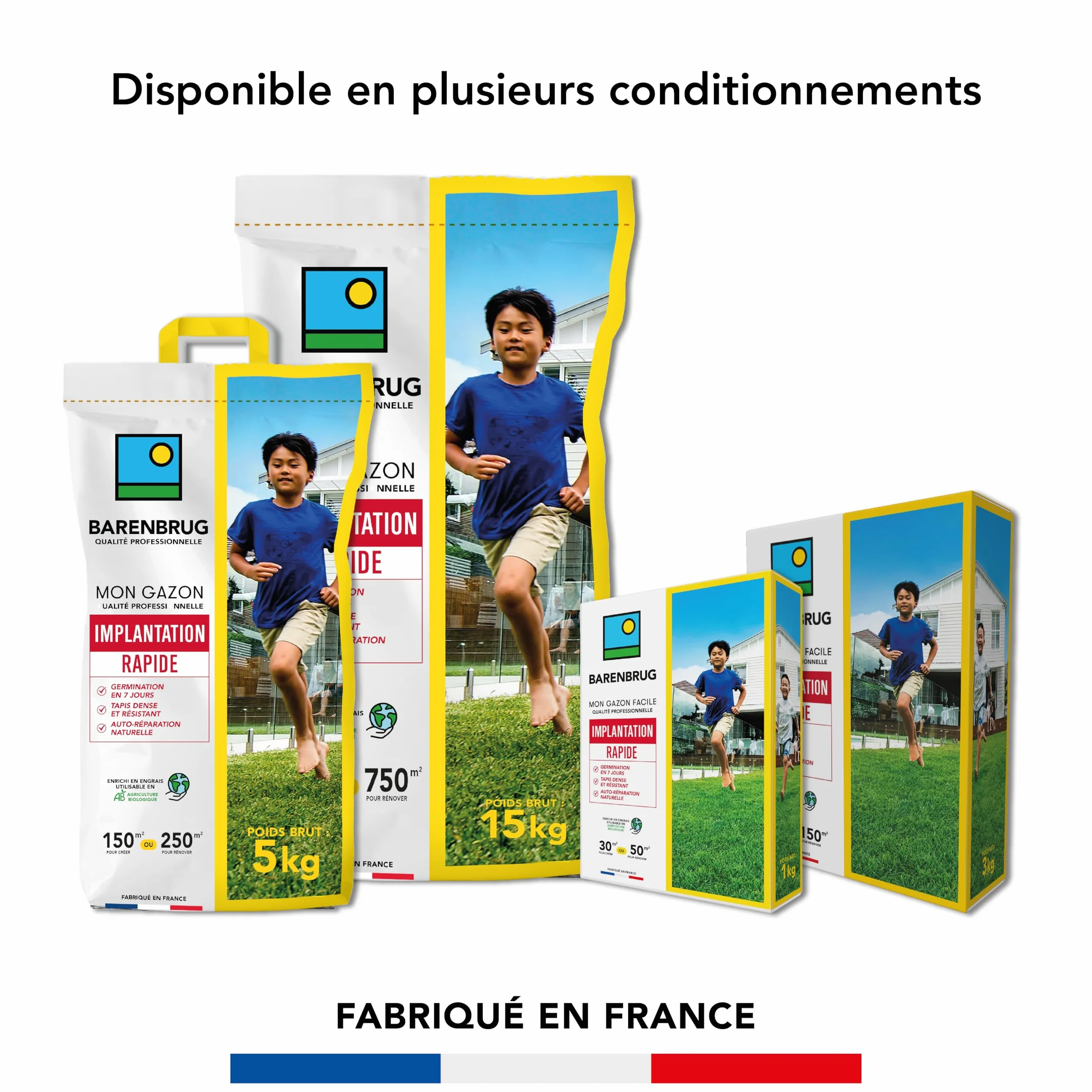Barenbrug Gazon Implantation Rapide Germination 7 Jours Tapis Dense Résistant Autoréparation Naturelle Engrais Compatible Agriculture Biologique Fabriqué France 1KG