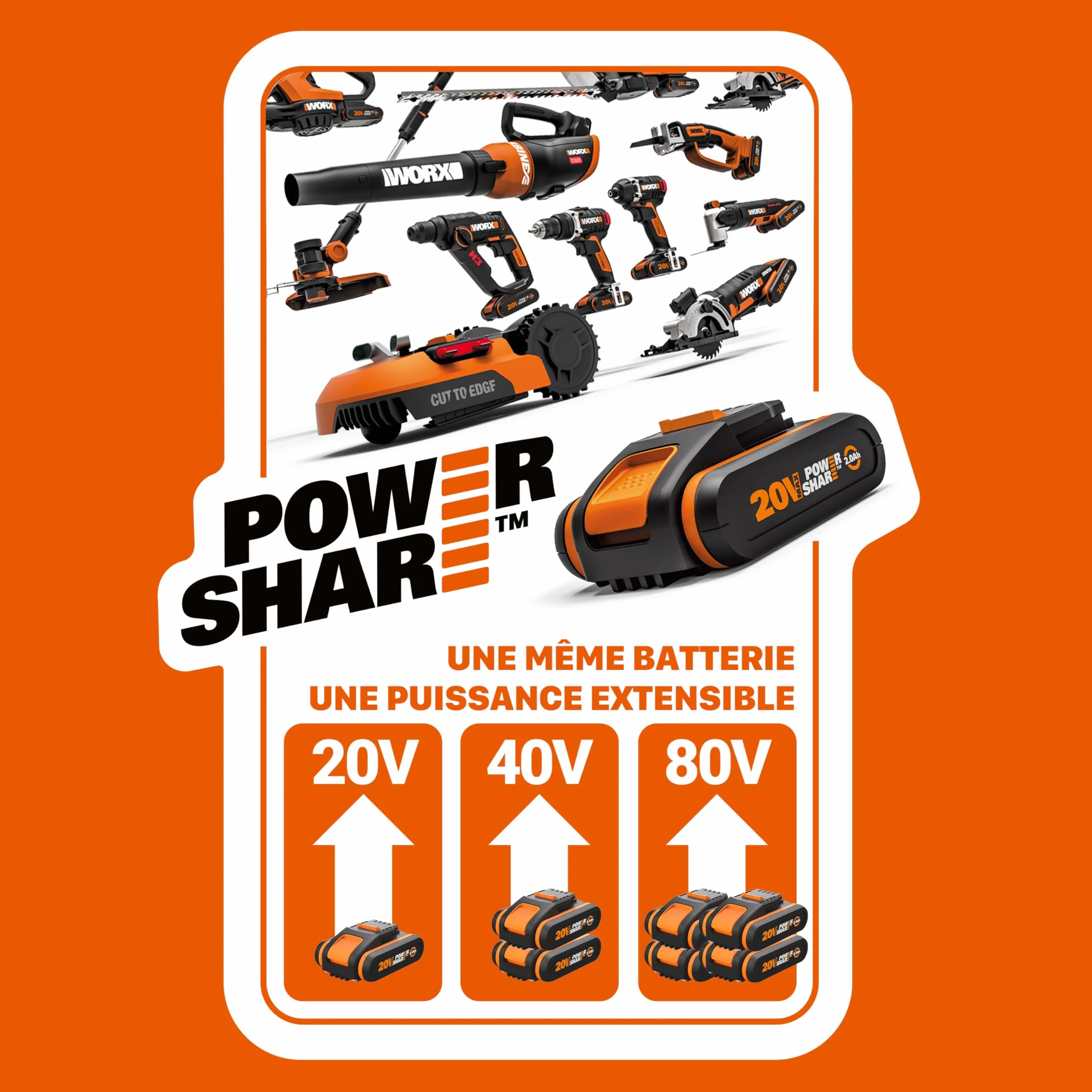 WORX Taille-Haies sans Fil sur perche 20V WG252E.9, Lame de 45 cm, écartement de 16 mm, manche télescopique, Léger et Ergonomique, Poignée Arrière Souple et Rotative, Livré sans Batterie ni Chargeur