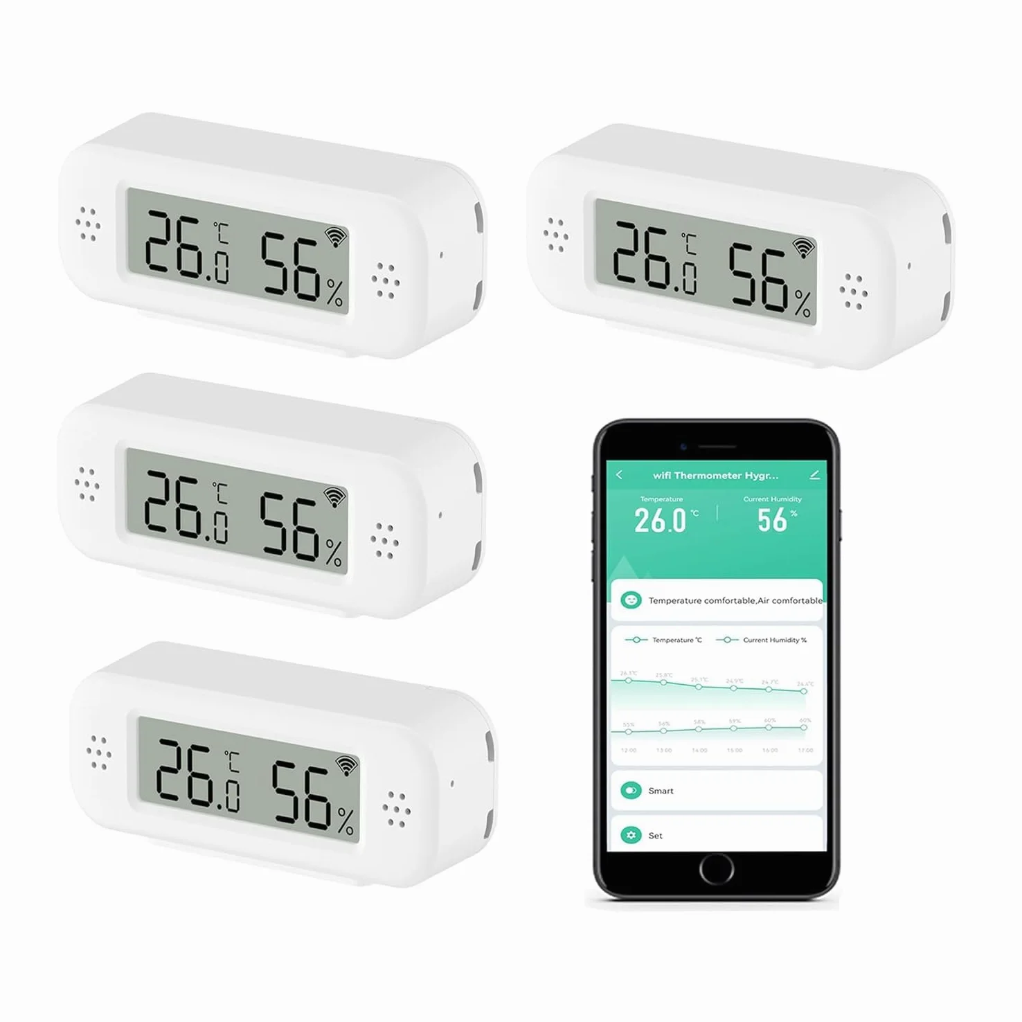Thermomètre Hygromètre Numérique Smart, Capteur de Température et d’Humidité WiFi pour Usage Domestique, Moniteur d’Humidité avec Surveillance par App, Exportation de Données, Compatible Alexa. 4PCS