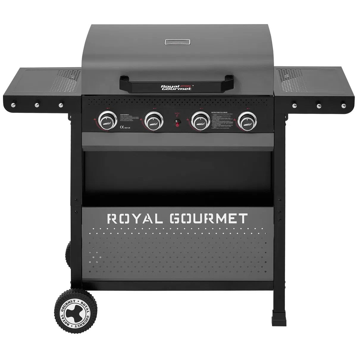 Royal Gourmet 4 Brûleurs Barbecue Gaz, Gril à Gaz sur Chariot 10 KW avec Tables Pliantes et Panier de Rangement, Noir