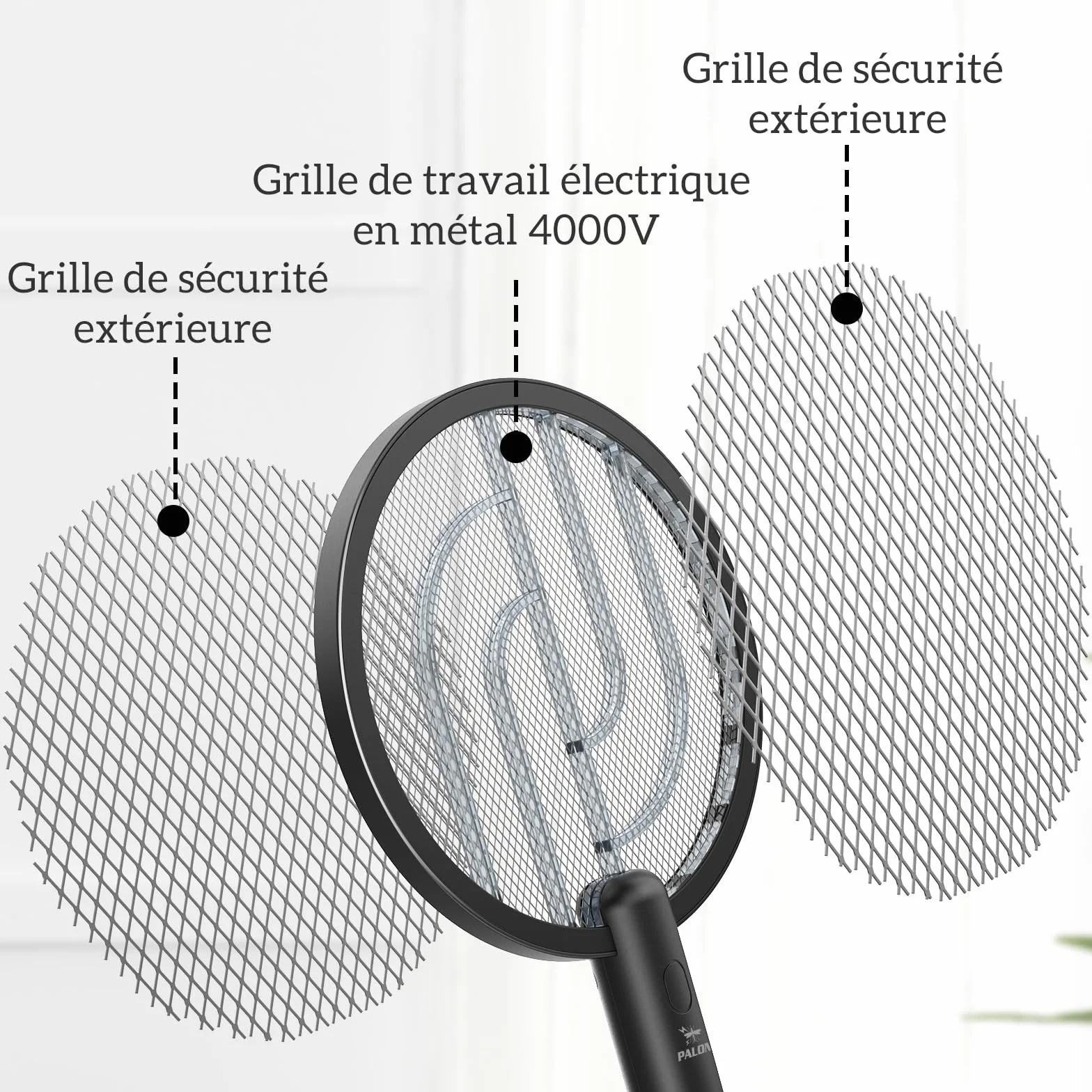 PALONE Raquette Electrique Insectes 4000V Anti Moustiques avec Base de Charge et UV, Tapette à Mouches Haute Efficacité Intérieur Extérieur, Grille Sécurité 3 Couches Noir
