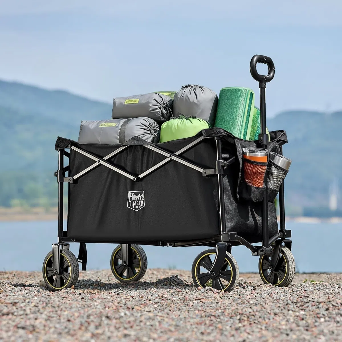 TIMBER RIDGE Chariot Camping Pliable 200L avec Porte-gobelet Poignée Réglable Chariot de Jardin pour Tous Les Terrains Extérieur Camping Shopping Pêche Charge Max 150kg