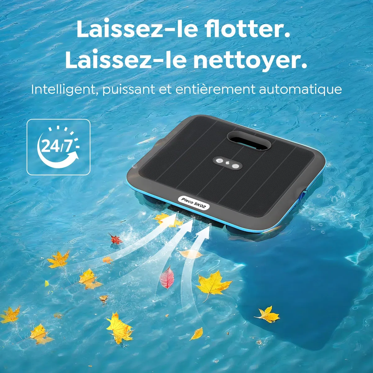 SK02 Robot Skimmer Solaire de Piscine, Robot Piscine sans Fil, Double Recharge, Sonde de Température, Contrôle App, Skimmer Piscine Hors Sol Automatique 24/7