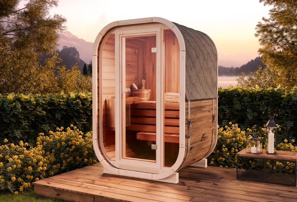 Sauna tonneau Ellipso S 1 banc bois 42 mm extérieur avec matériel de montage