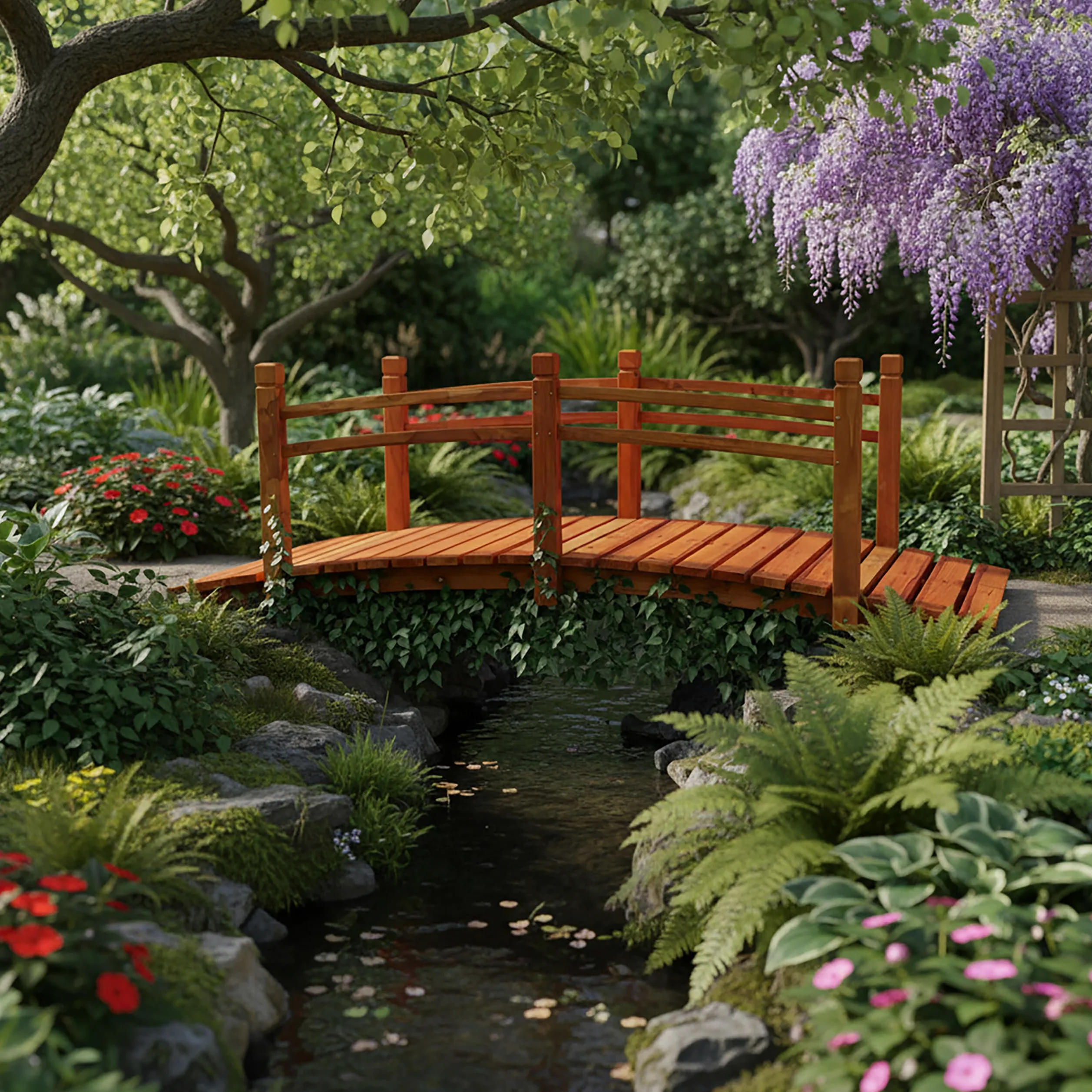 Pont de Jardin Relaxdays, Pont en Bois avec Garde-Corps, Sapin, pour Bassin, HxLxP: 58 x 185 x 72 cm, 200 kg, Orange