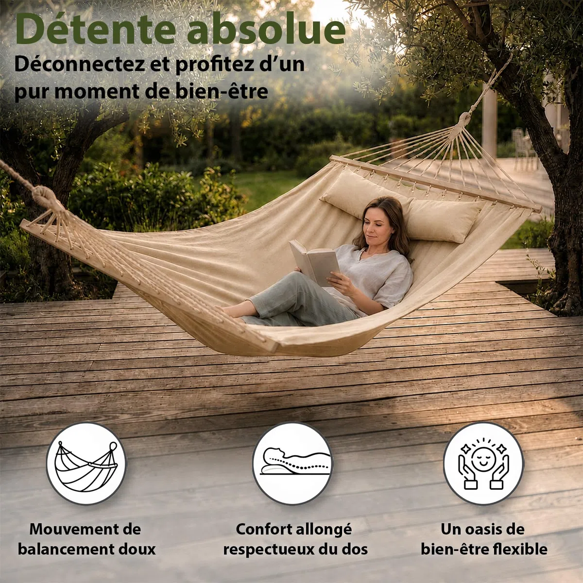 BB Sport Hamac Double Suspendu Barre Deux Personnes 240 x 150 cm Charge Max. 300 kg Couleur Plage