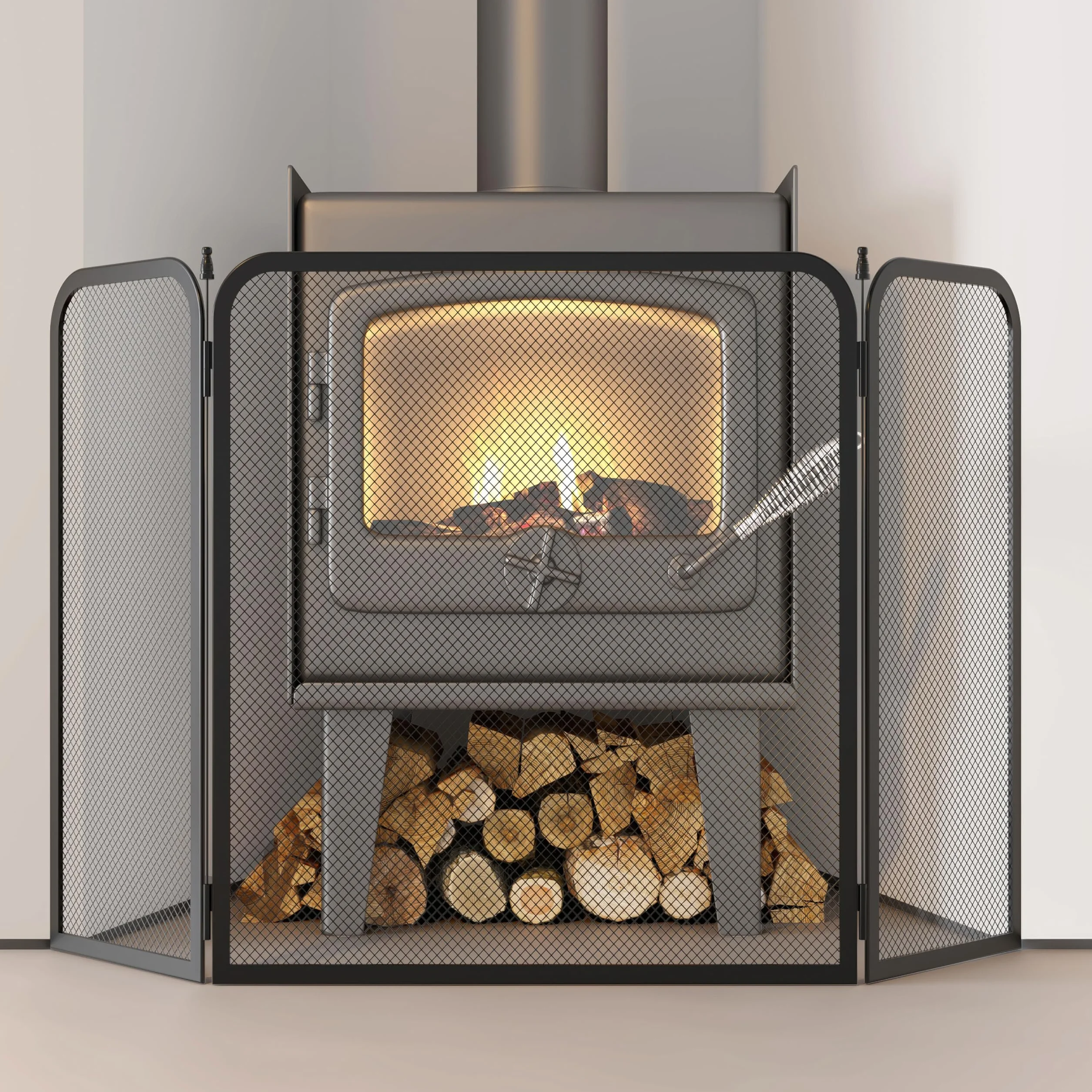 Kinson Écran de cheminée Pare-feu sécurité poêle à bois 96,5 x 53 cm Noir Métal