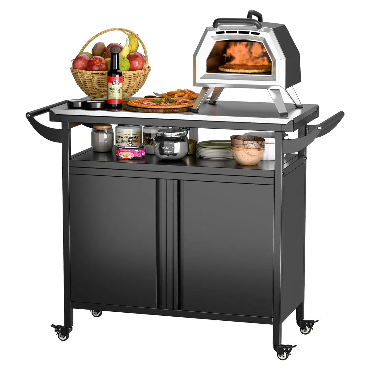 SUPEER Chariot de barbecue, table à pizza avec 4 roulettes, plateau de table en acier inoxydable 304, chariot pour barbecue, chariot de service d'extérieur, chariot de jardin
