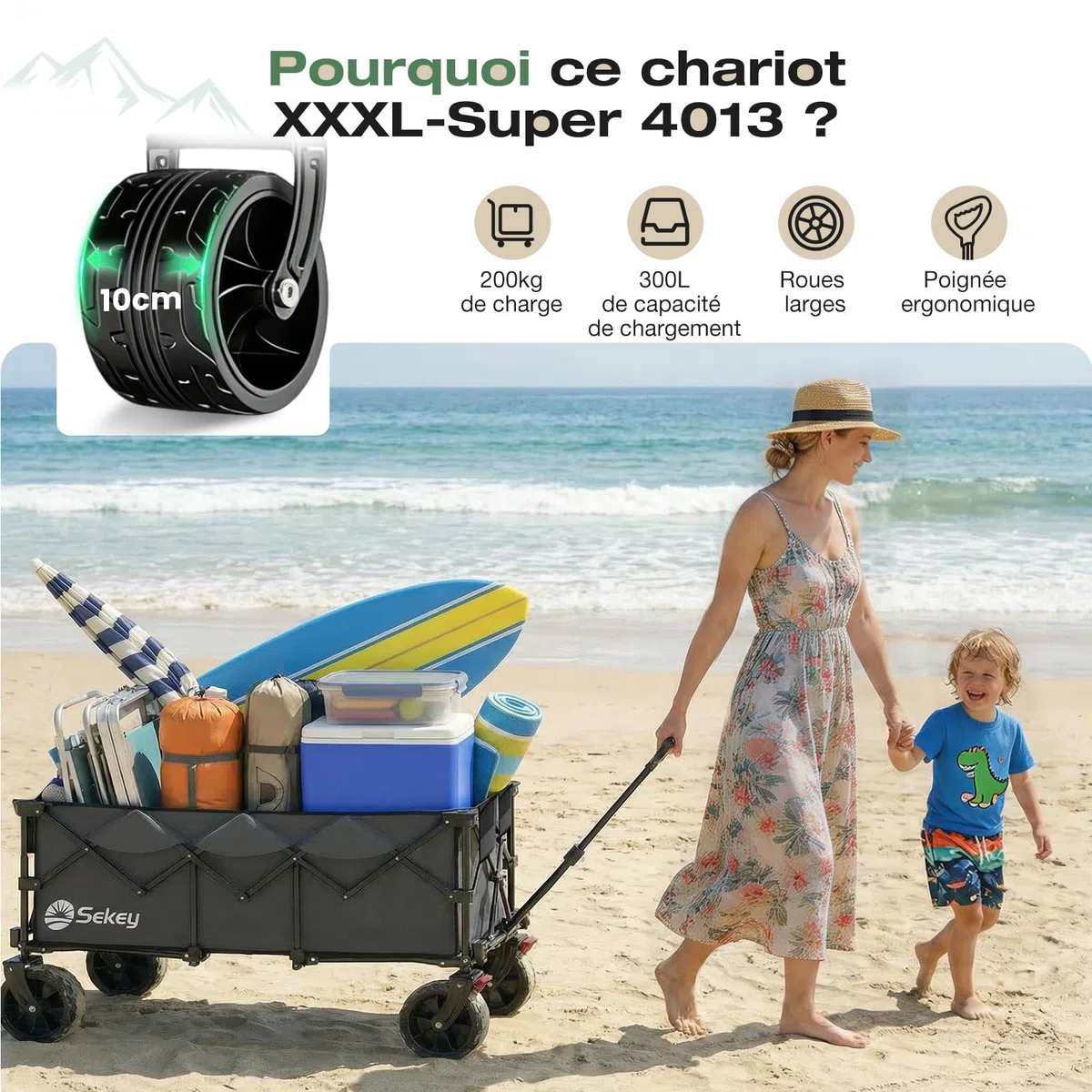 Sekey XXXL Chariot Pliable 300L 200KG, Modèle Allongé avec Roues Tout-Terrain 17x10 cm, Breveté Mécanisme 4-en-1 Dépliage Instantané, Anthracite
