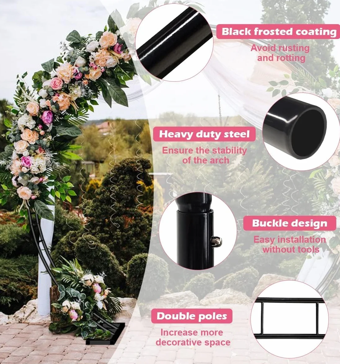 Artigarden Arche de jardin en métal pour plantes grimpantes et support de fond pour guirlandes de ballons avec base, arc rond pour décoration de fête en plein air, noir