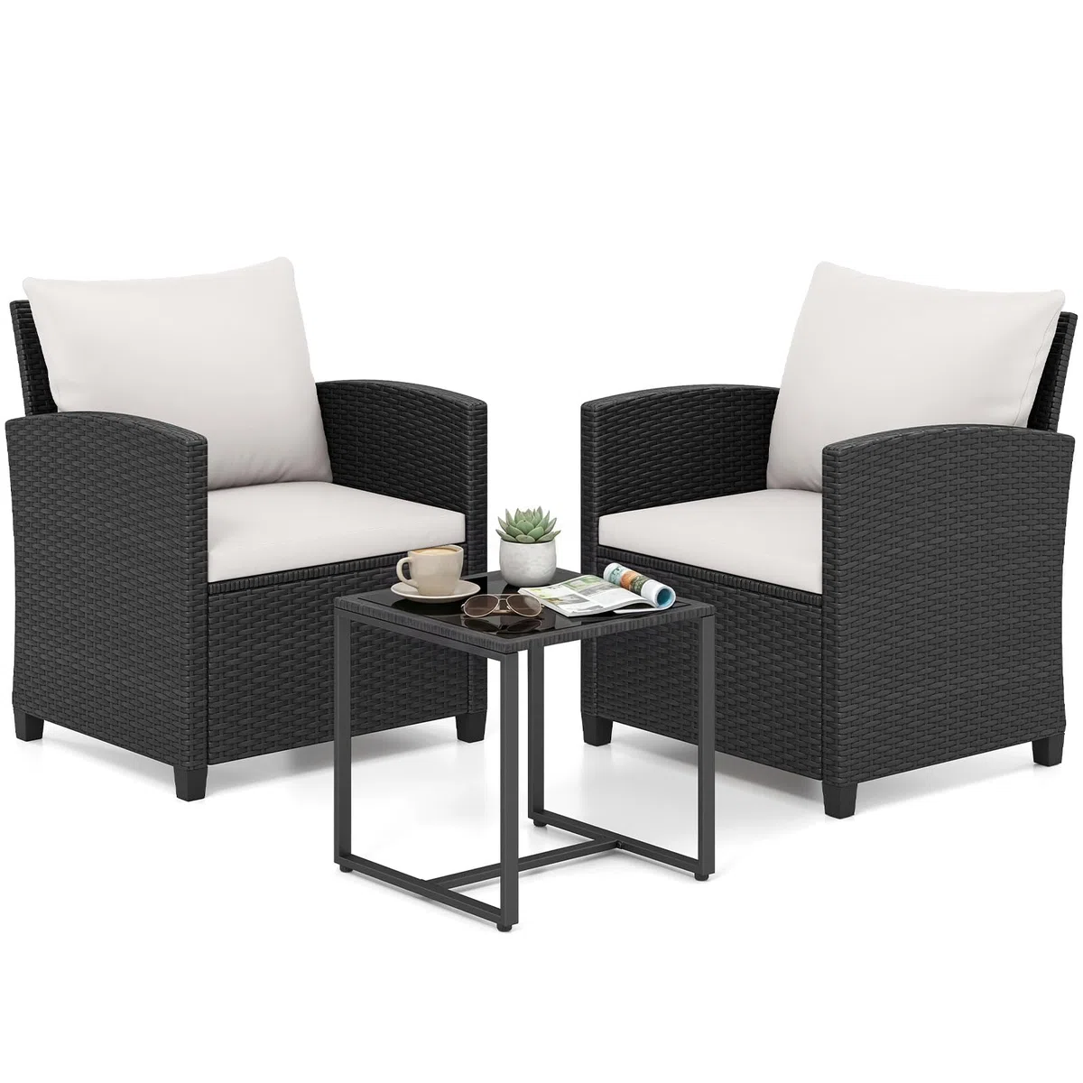 COSTWAY Ensemble Salon de Jardin 2 Personnes en Rotin PE, Mobilier d'Extérieur avec 2 Fauteuils Table Basse Plateau en Verre Trempé Coussins Amovibles, pour Terrasse Jardin (Noir+Beige)