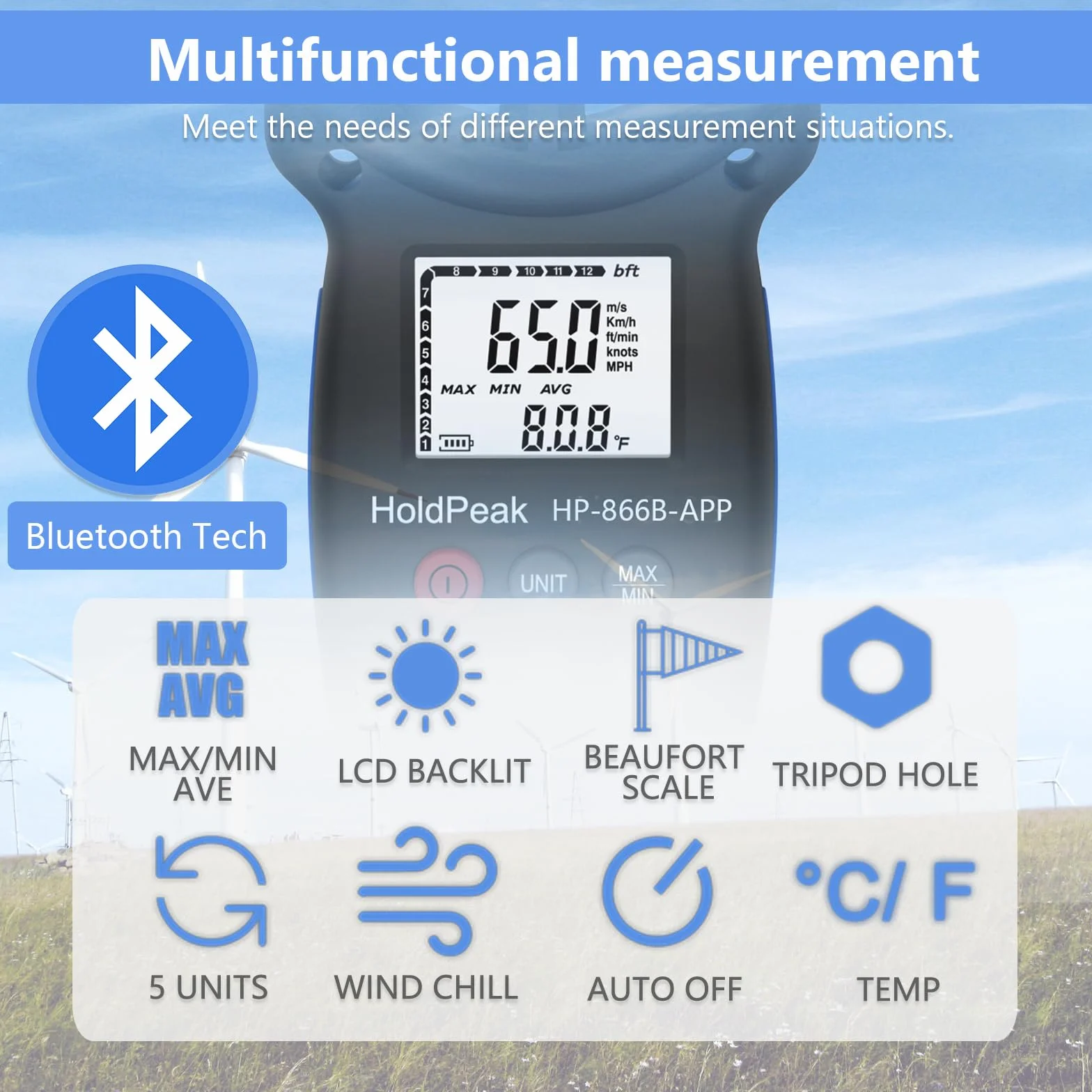 Anémomètre portable Bluetooth avec support, compteur numérique de vitesse du vent, appareil de mesure de la température du débit d'air CFM pour HVAC en plein air, voile, tir au golf, 866B-APP