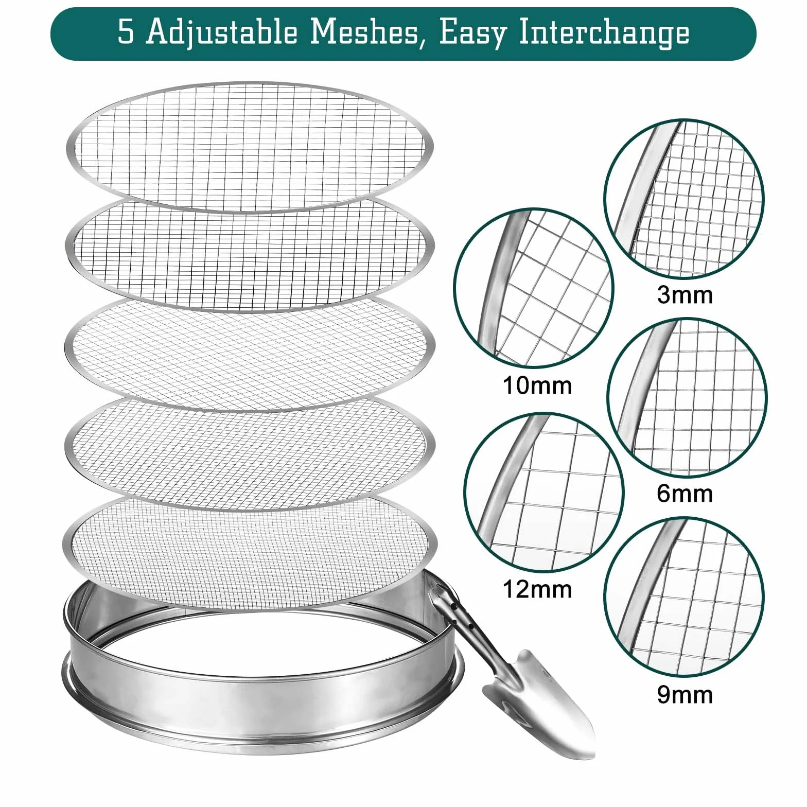 johgee Tamis de Jardin 5en1, Tamis de Sol, Ø 12mm/10mm/9mm/6mm/3mm, Outil de Jardinage Inoxydable avec Pelle