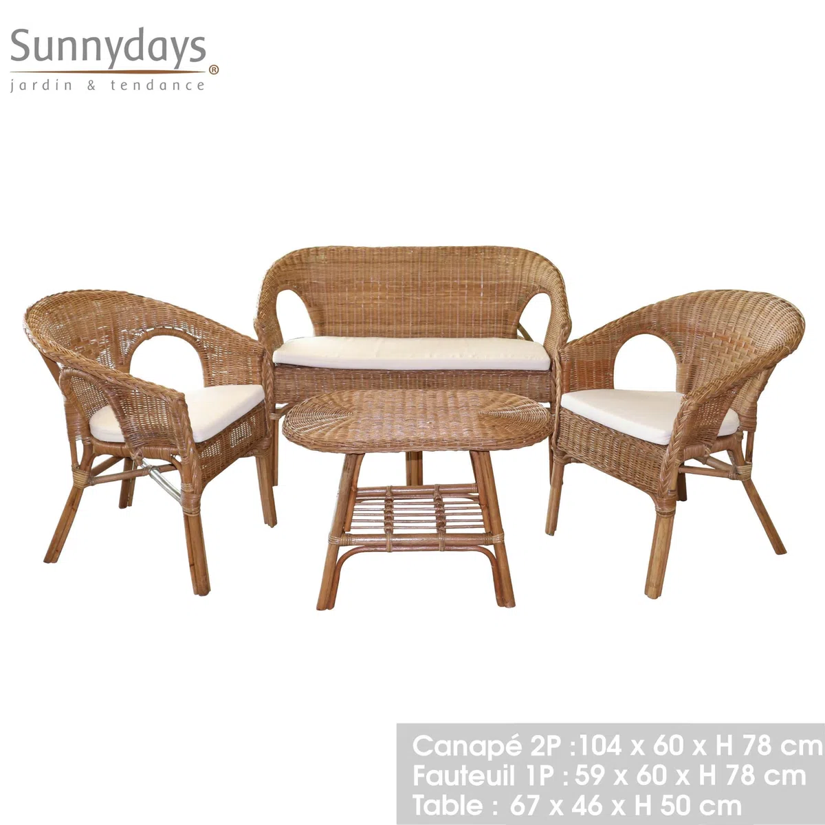 SUNNYDAYS Le ROTIN - Salon DE Jardin Sienna 78X59X60CM / 78X104X60CM / 50X67X46CM