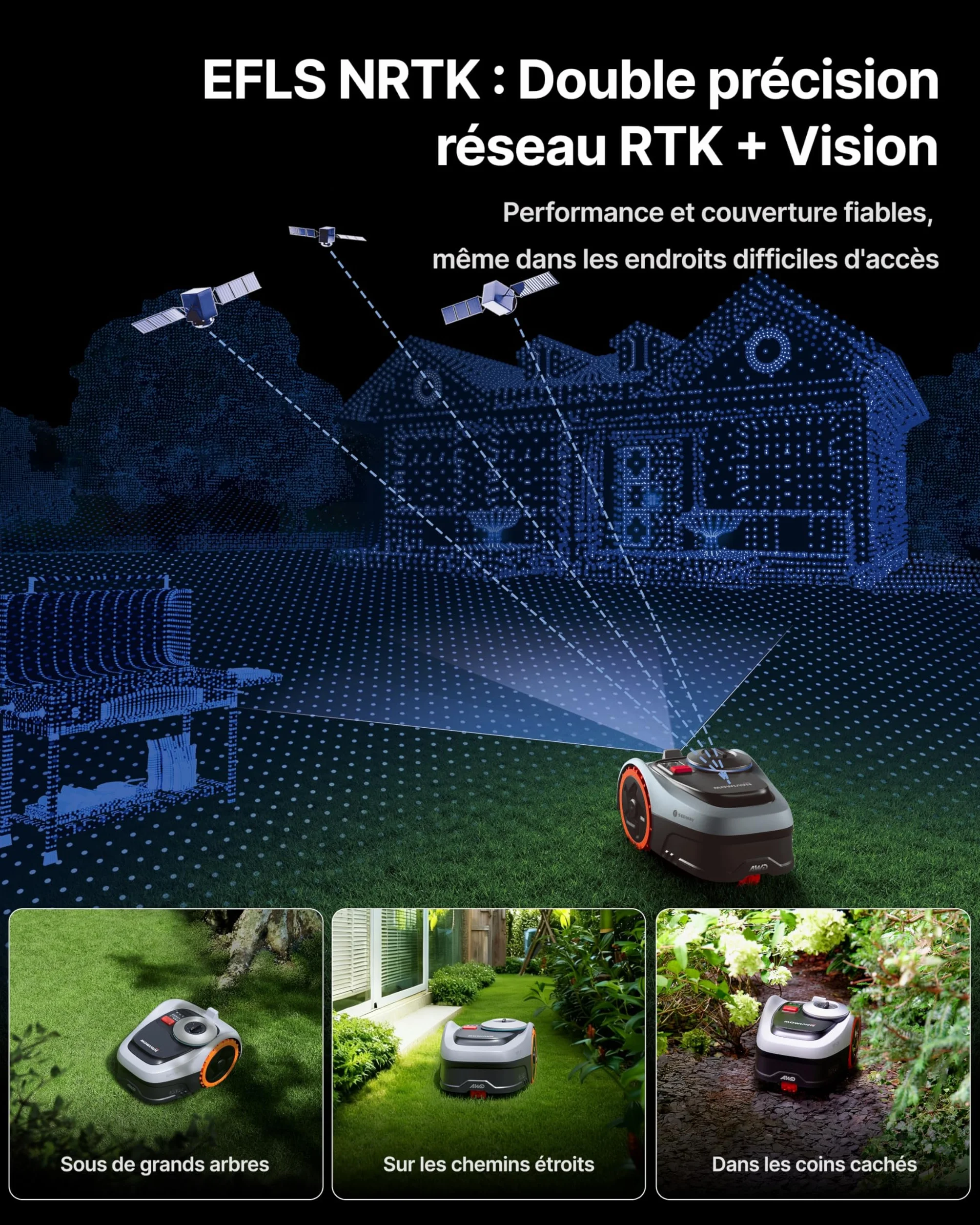 Segway Navimow i208 AWD Robot tondeuse et Garage S, Trois roues motrices, monte les pentes jusqu'à 45%, EFLS NRTK + Vision, Cartographie automatique, sans antenne, jardin de 800 m²(expédié séparément)