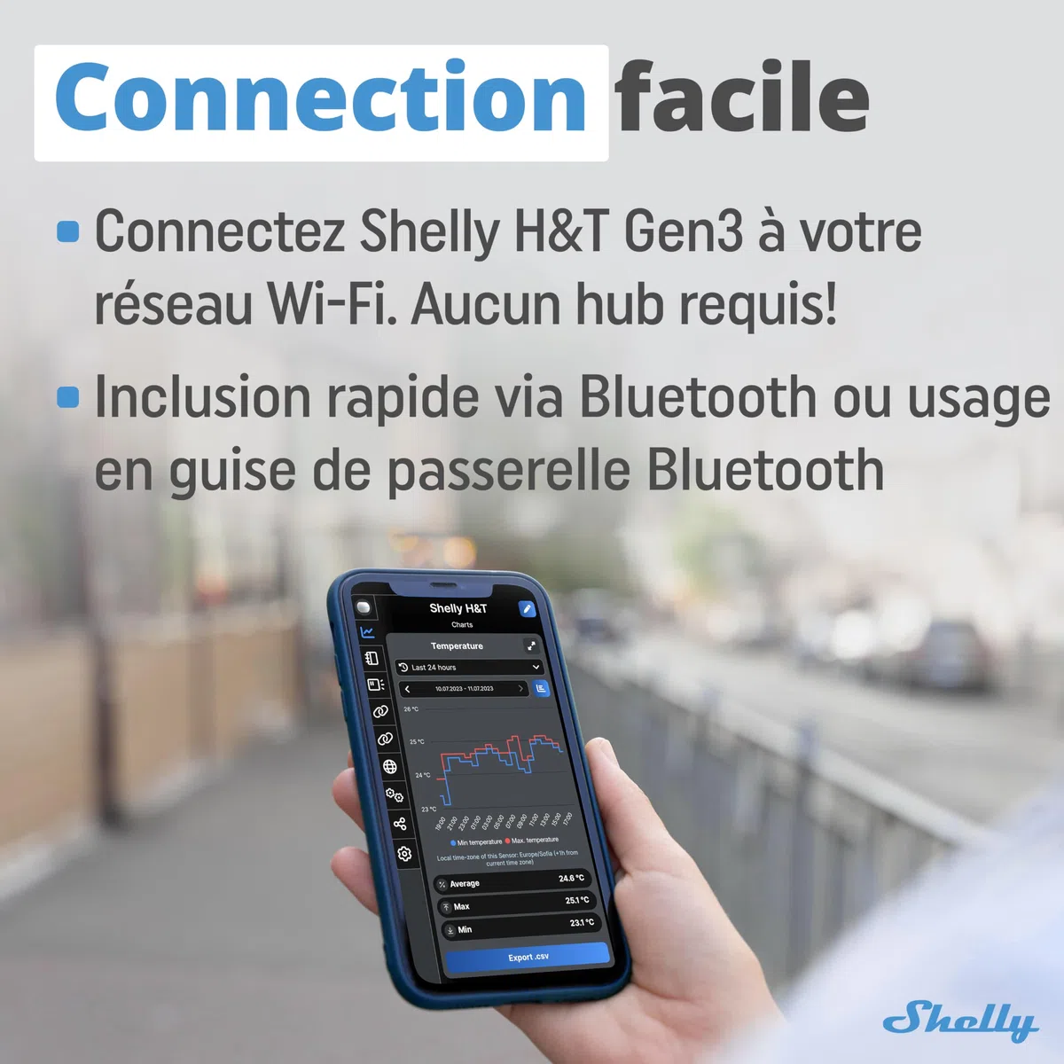 Shelly H&T Gen3 Noir Capteur de température et d'humidité connecté Wi-Fi Thermomètre Hygromètre intérieur extérieur Écran eink Horloge digitale
