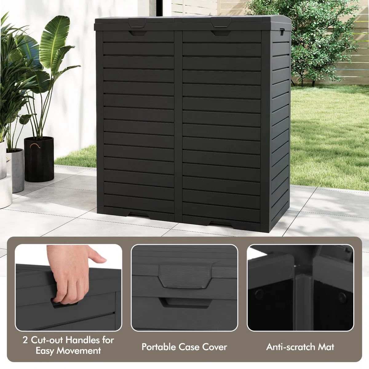 GIANTEX Poubelle Extérieure de 235 L Double Bacs, Poubelle Classée Etanche avec Couvercle à Plusieurs Niveaux, Bac d'Egouttage, Poignée, pour Terrasse, Cour, Jardin, Extérieur (Noir)