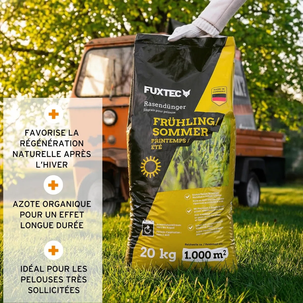FUXTEC Engrais gazon printemps été FX-RDFS20 – 20 kg rendement 1000m2 fertilisant pelouse NPK 12+3+5 organo-minéral – azote à libération progressive – magnésium et soufre – granulés fins