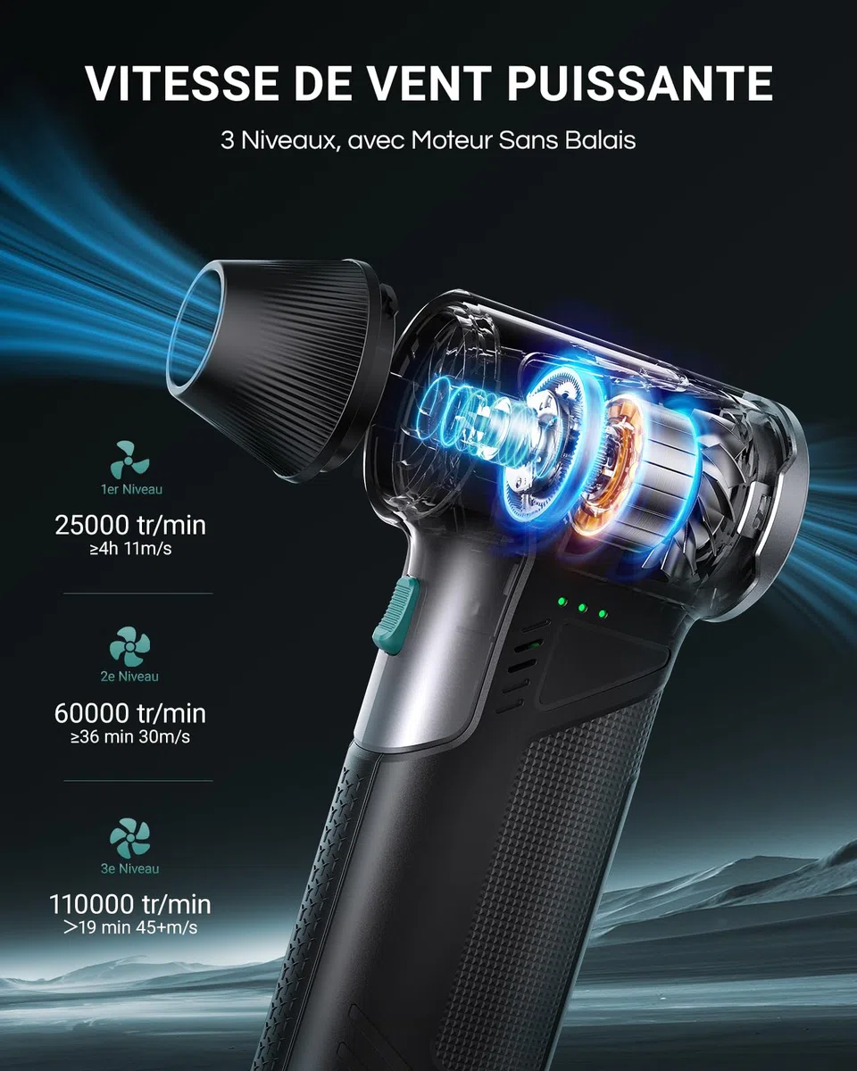 Souffleur air comprimé sans fil T150 110 000 TR/Min, Mini souffleur rechargeable 3 niveaux charge rapide