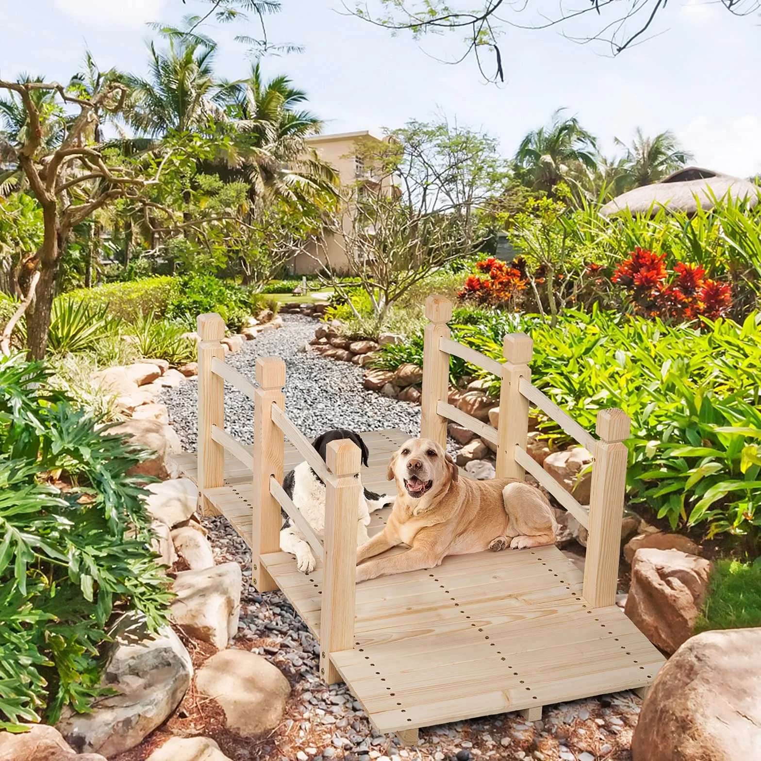 GIANTEX Pont de Jardin en Bois Carbonisé Pont de Bassin,Décoration Extérieure,Dimension 150x67x55CM Charge Max 100kg (Naturel)