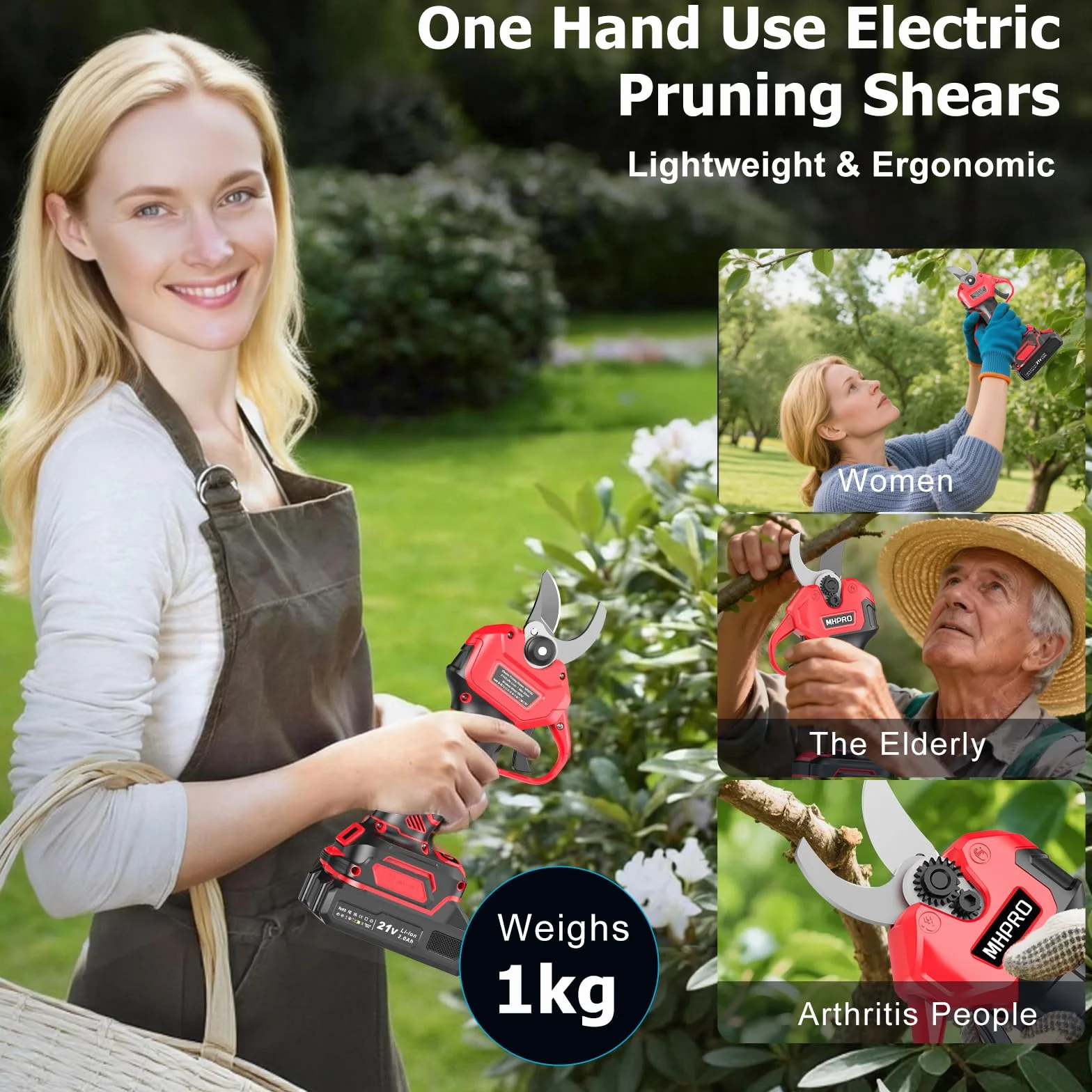 Sécateur Électrique Sans fil, MHPRO 30mm Secateur Electrique avec 2 Batteries de 2000mAh et Écran LCD, Secateur a Batterie Moteur Sans Balais Pour la Taille, Le Jardinage, Les Arbres Fruitiers.
