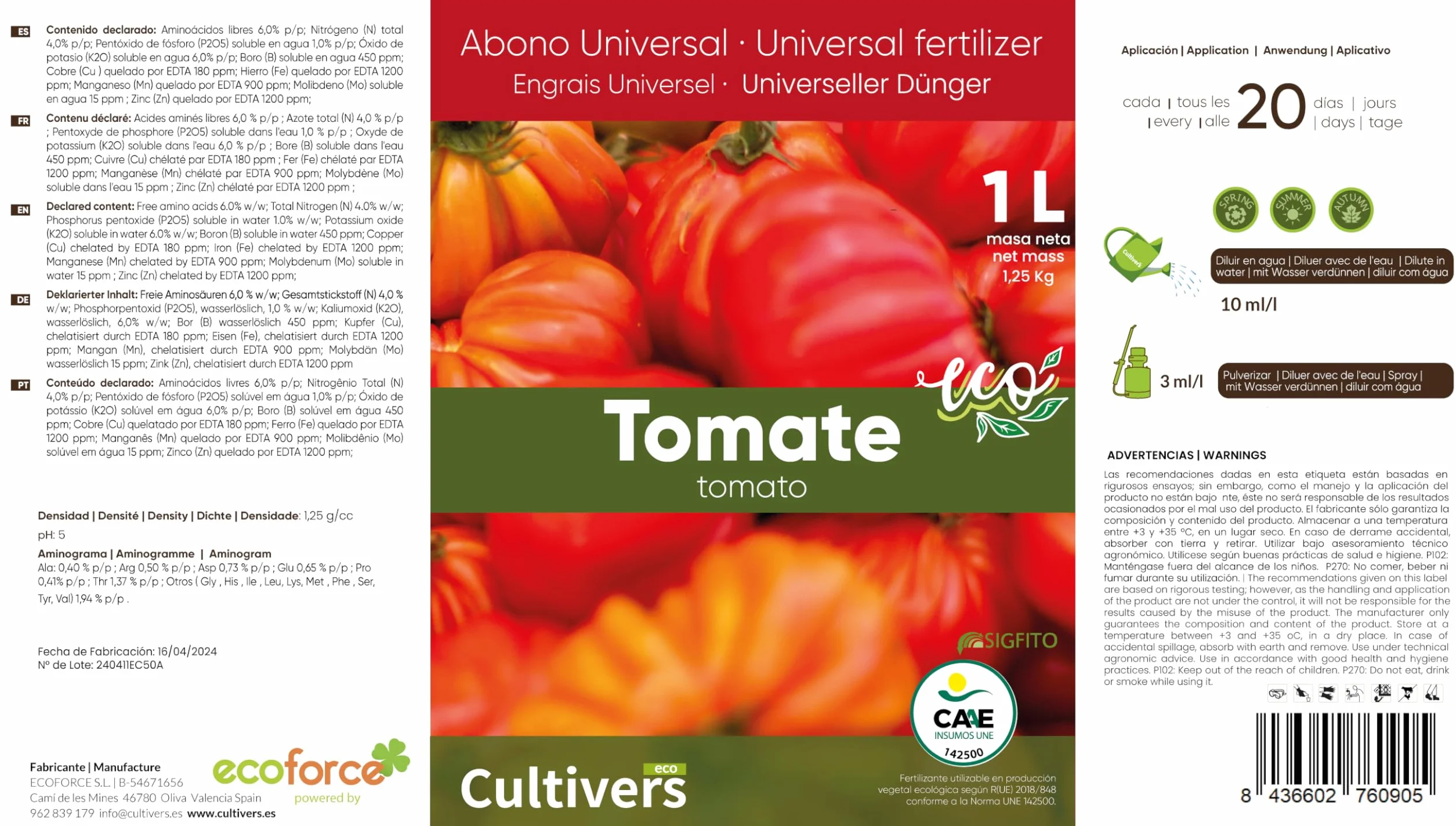 CULTIVERS Engrais Liquide Biologique pour Tomates 10 L. Engrais 100% Biologique Et Naturel, Améliore La Saveur Et La Croissance. Améliorer La Qualité Et La Récolte des Fruits