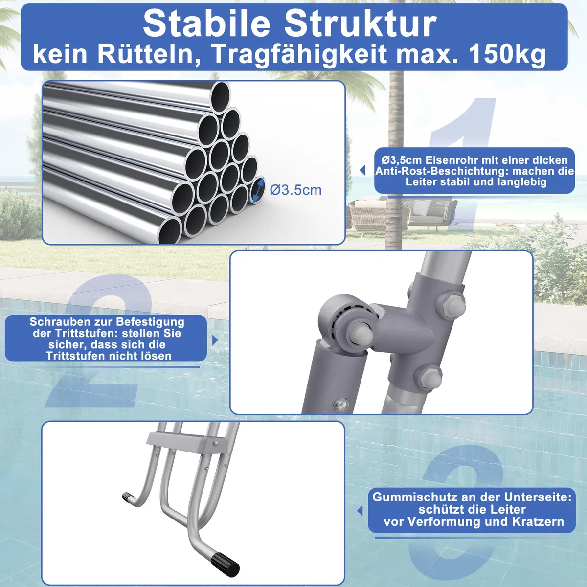 HENGMEI Échelle de piscine 4 marches avec main courante, échelle d'entrée pour piscines hors sol antidérapante, échelle de sécurité avec dispositif antidérapant. Capacité de charge maximale : 150 kg