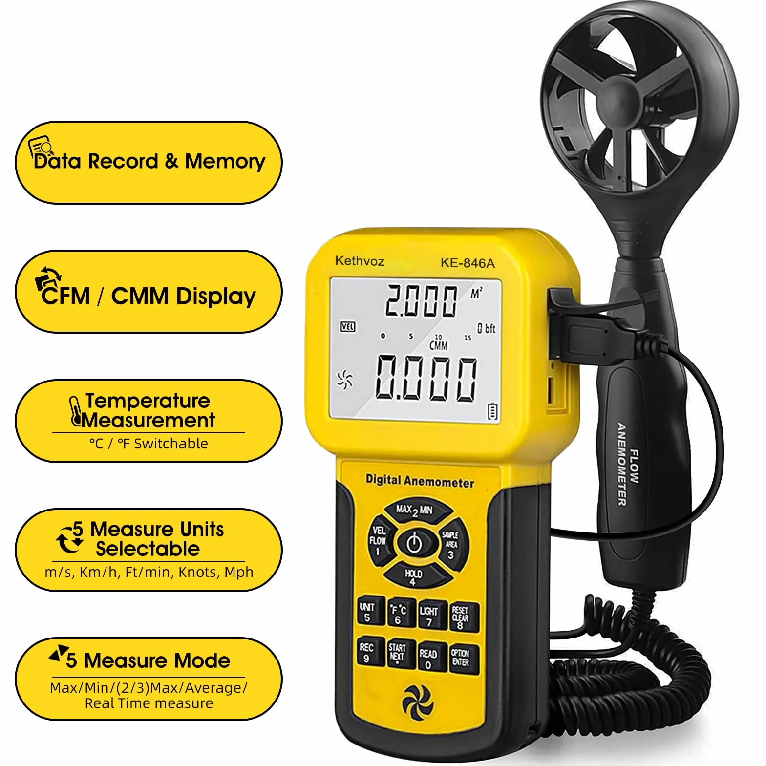 Kethvoz Anémomètre VMC Debimetre, Anemometre Mesure Débit Air Volume CFM Tester Vitesse du Vent Température pour Système AC, Mesureur vitesse l'air industriel avec MAX MIN AVG Stockage Données