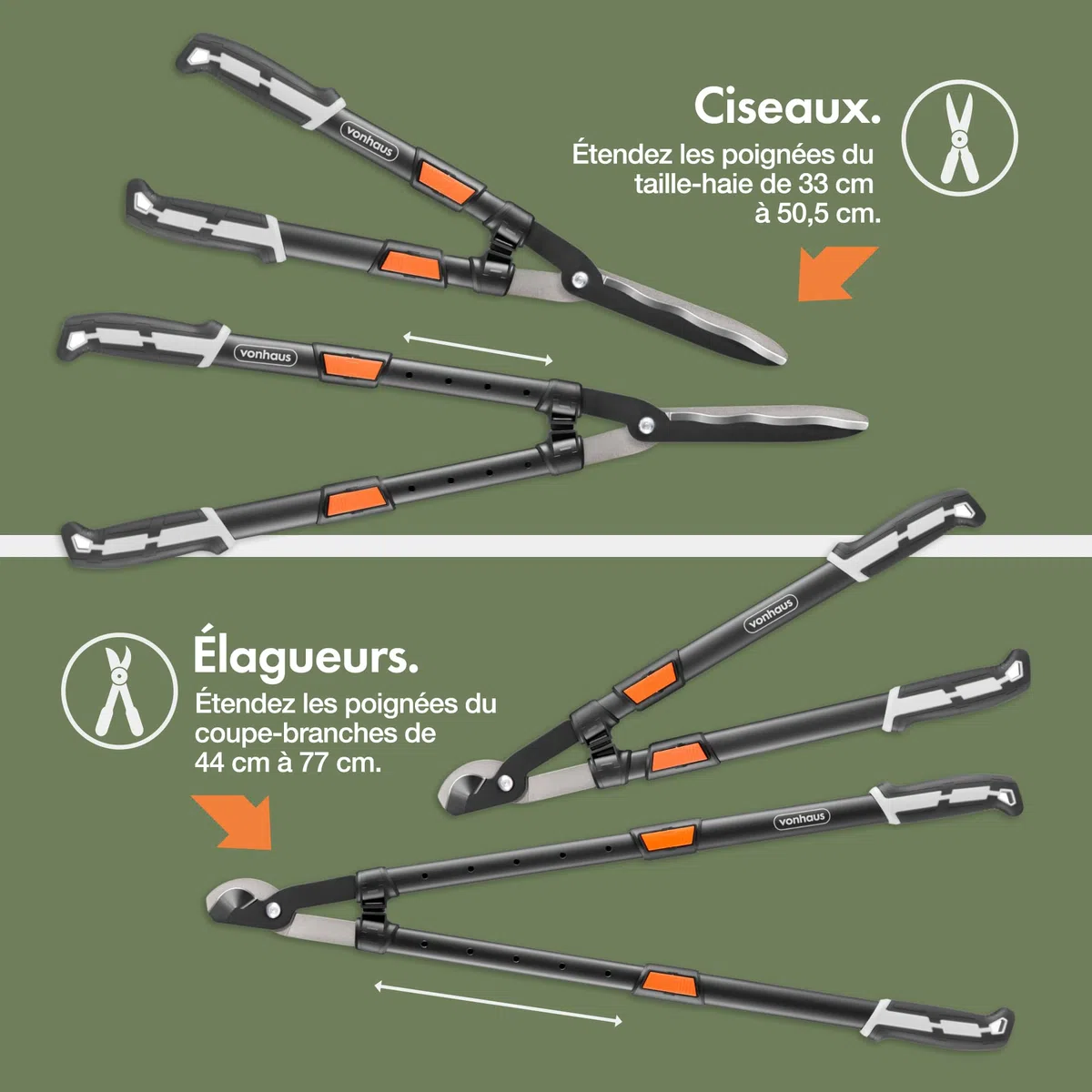 VonHaus Lot de 3 Cisailles de Jardin – Coupe-Branches, Taille-Haie, Sécateur – Poignées Télescopiques Extensibles – Prise Douce – Outils Légers