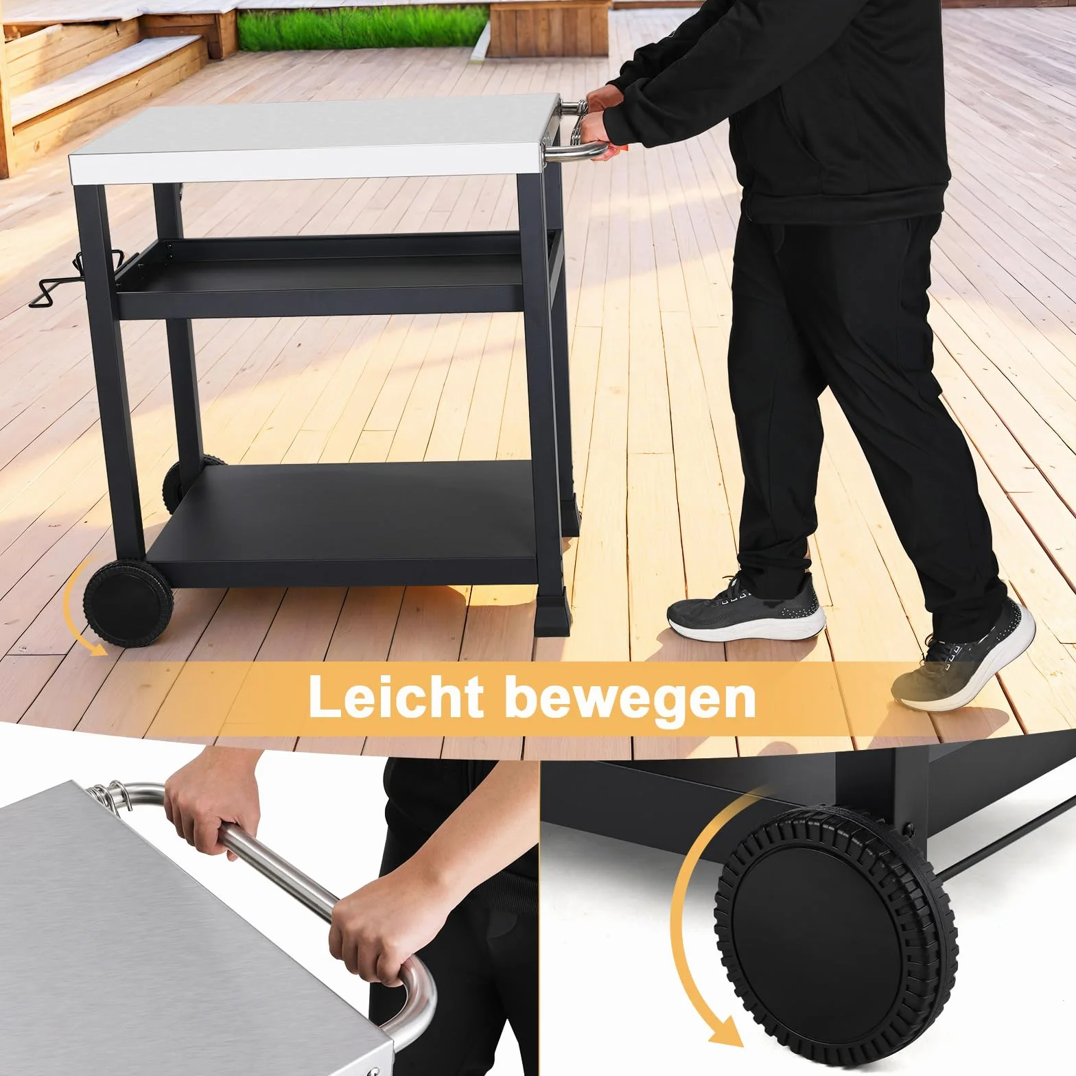 LIFERUN Chariot Barbecue 3 Étagères, Desserte Jardin avec Crochets et 2 roulettes, Desserte Extérieure Service Inoxydable, Chariot Plancha INOX, Table de Cuisine Extérieure Pizza, Terrasse, Jardin
