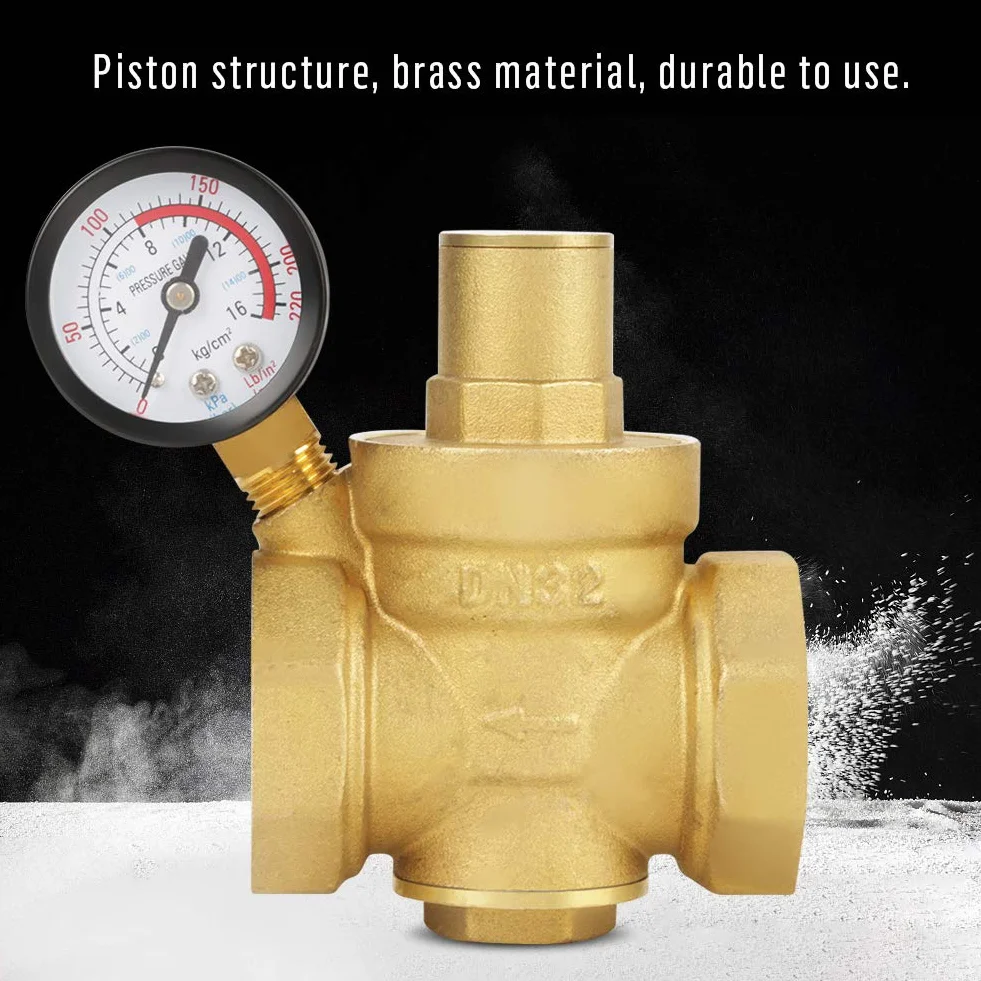 BSP DN32 Vanne de Réduction de Pression D'eau en Laiton Réducteur de Pression D'eau Réglable en Laiton sans Plomb Vanne de Régulation de Pression D'eau avec Débit de Jauge Réglable